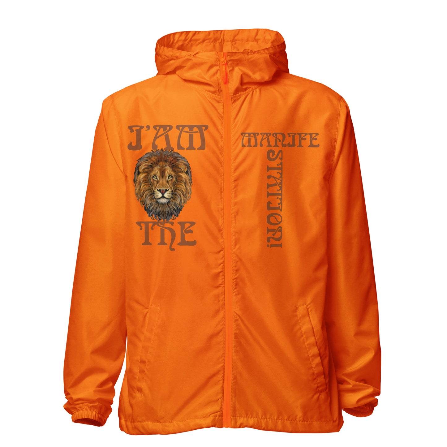 “I’AM THE MANIFESTATION!” Unisex Lightweight Zip Up Windbreaker W/Brown Font