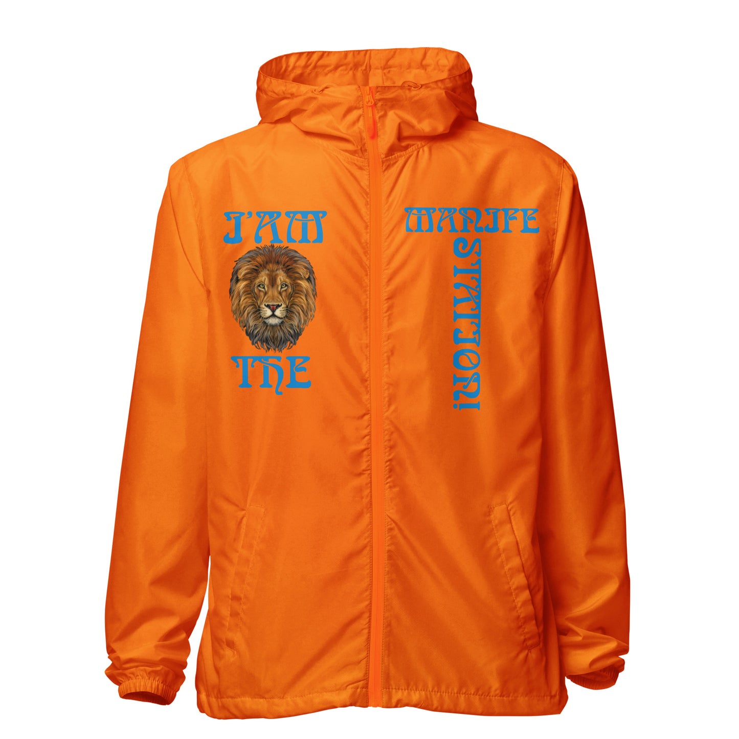 “I’AM THE MANIFESTATION!”Unisex Lightweight Zip Up Windbreaker W/SkyBlue Font
