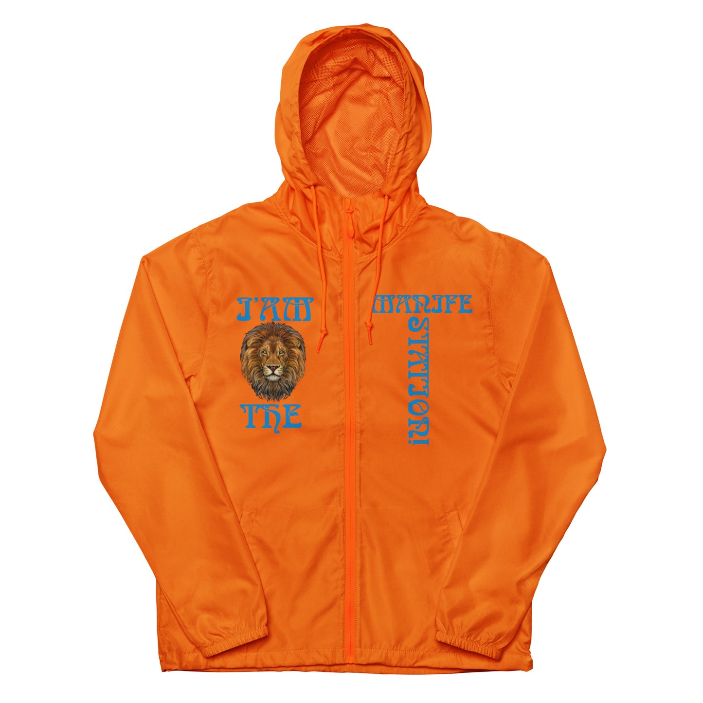 “I’AM THE MANIFESTATION!”Unisex Lightweight Zip Up Windbreaker W/SkyBlue Font