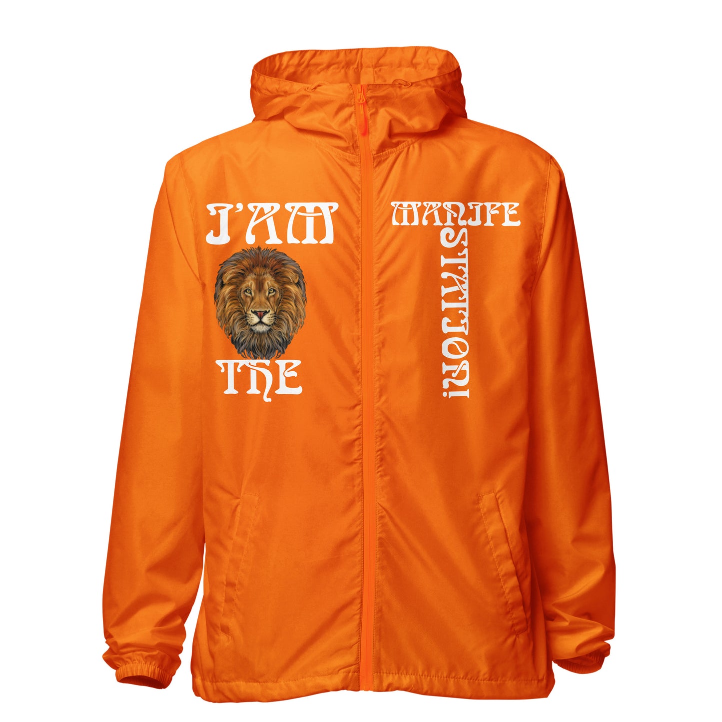 “I’AM THE MANIFESTATION!”Unisex Lightweight Zip Up Windbreaker W/White Font