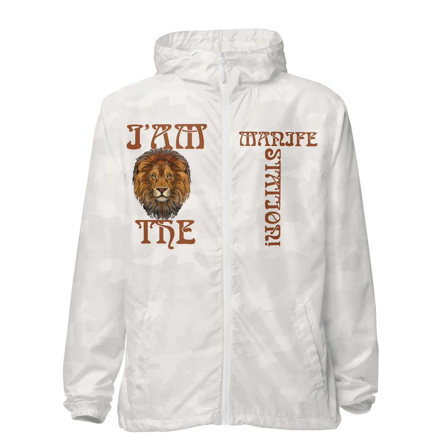 “I’AM THE MANIFESTATION!” Unisex Lightweight Zip Up Windbreaker W/Brown Font