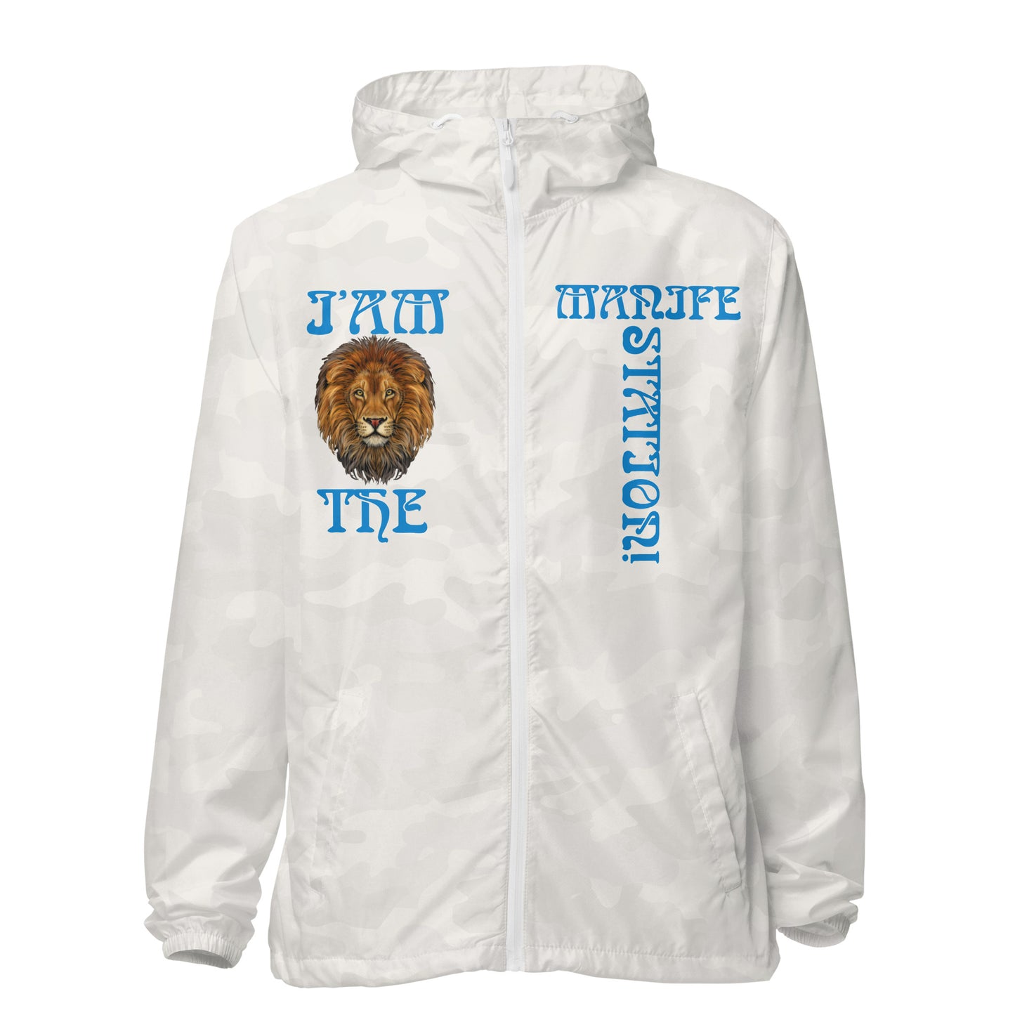 “I’AM THE MANIFESTATION!”Unisex Lightweight Zip Up Windbreaker W/SkyBlue Font