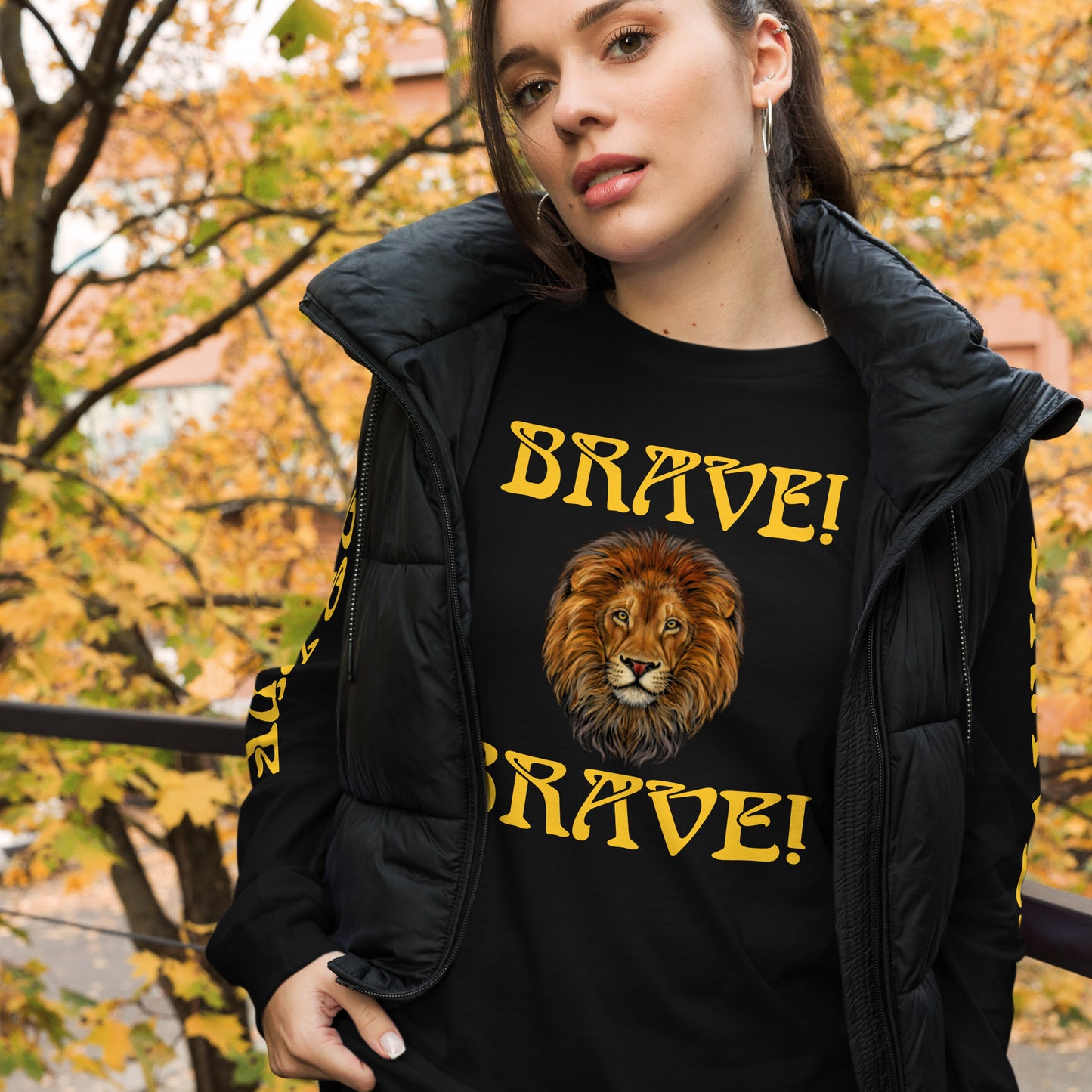 “BRAVE DOUBLE VIEW”Unisex Long Sleeve Tee W/Yellow Font