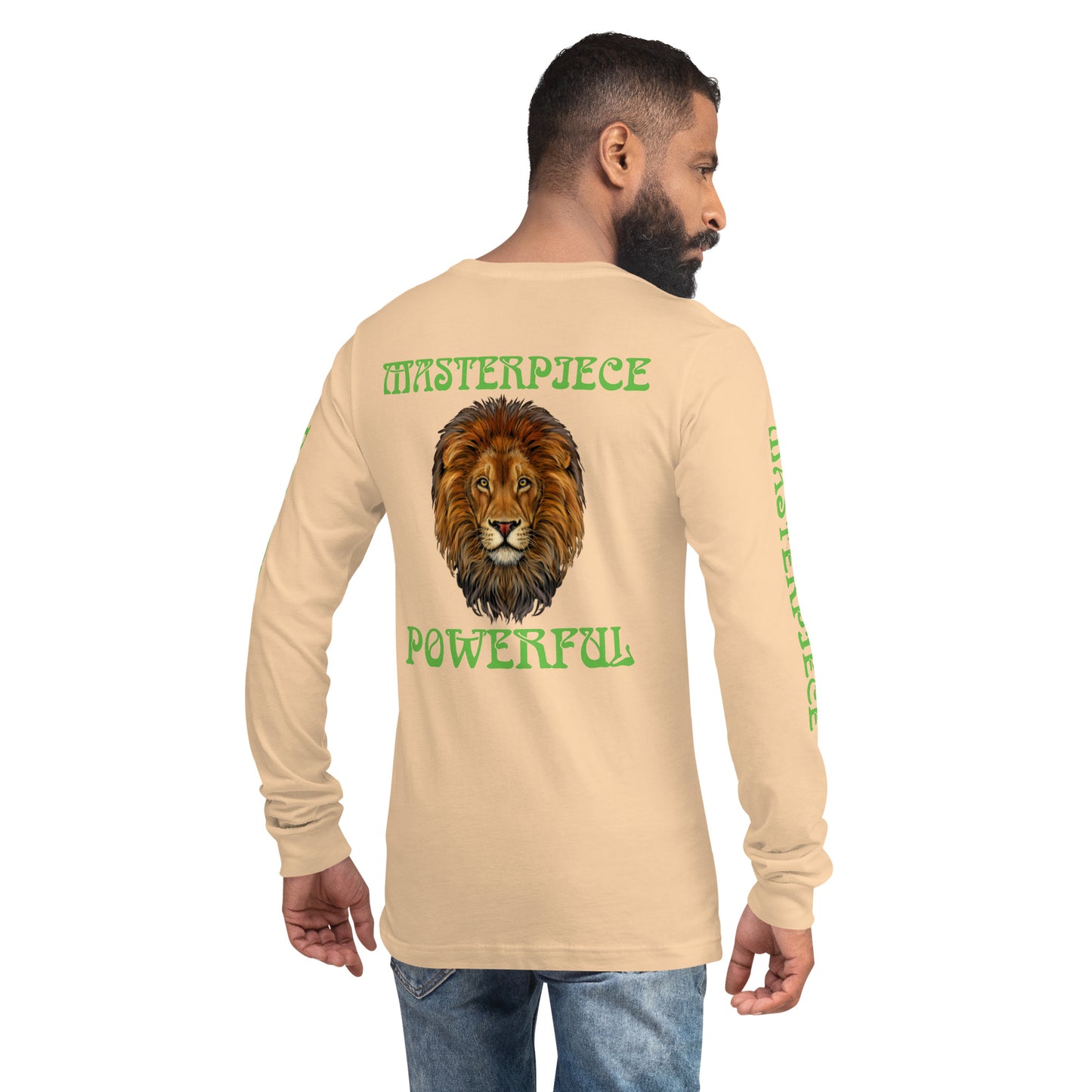 “MASTERPIECE & POWERFUL”Unisex Long Sleeve Tee W/Kelly Green Font