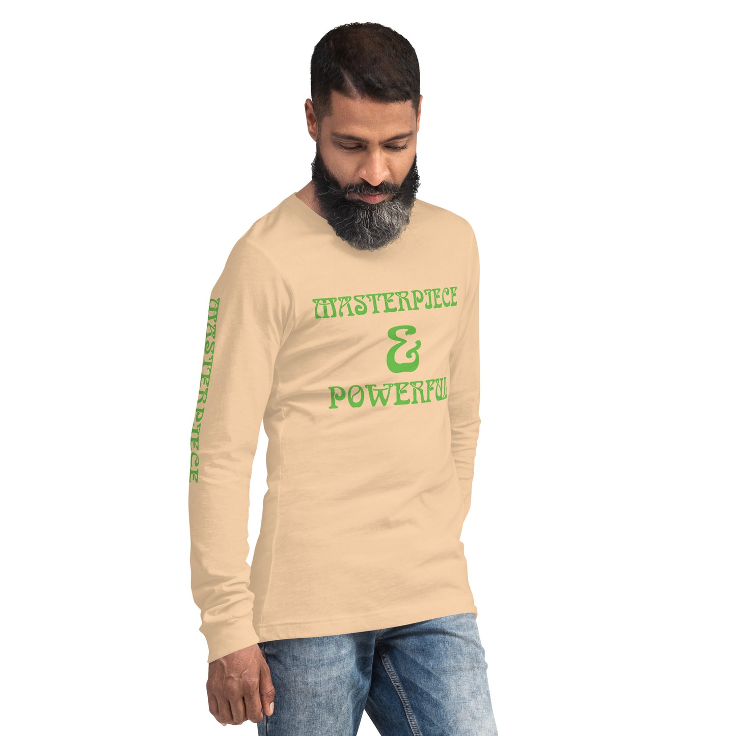 “MASTERPIECE & POWERFUL”Unisex Long Sleeve Tee W/Kelly Green Font