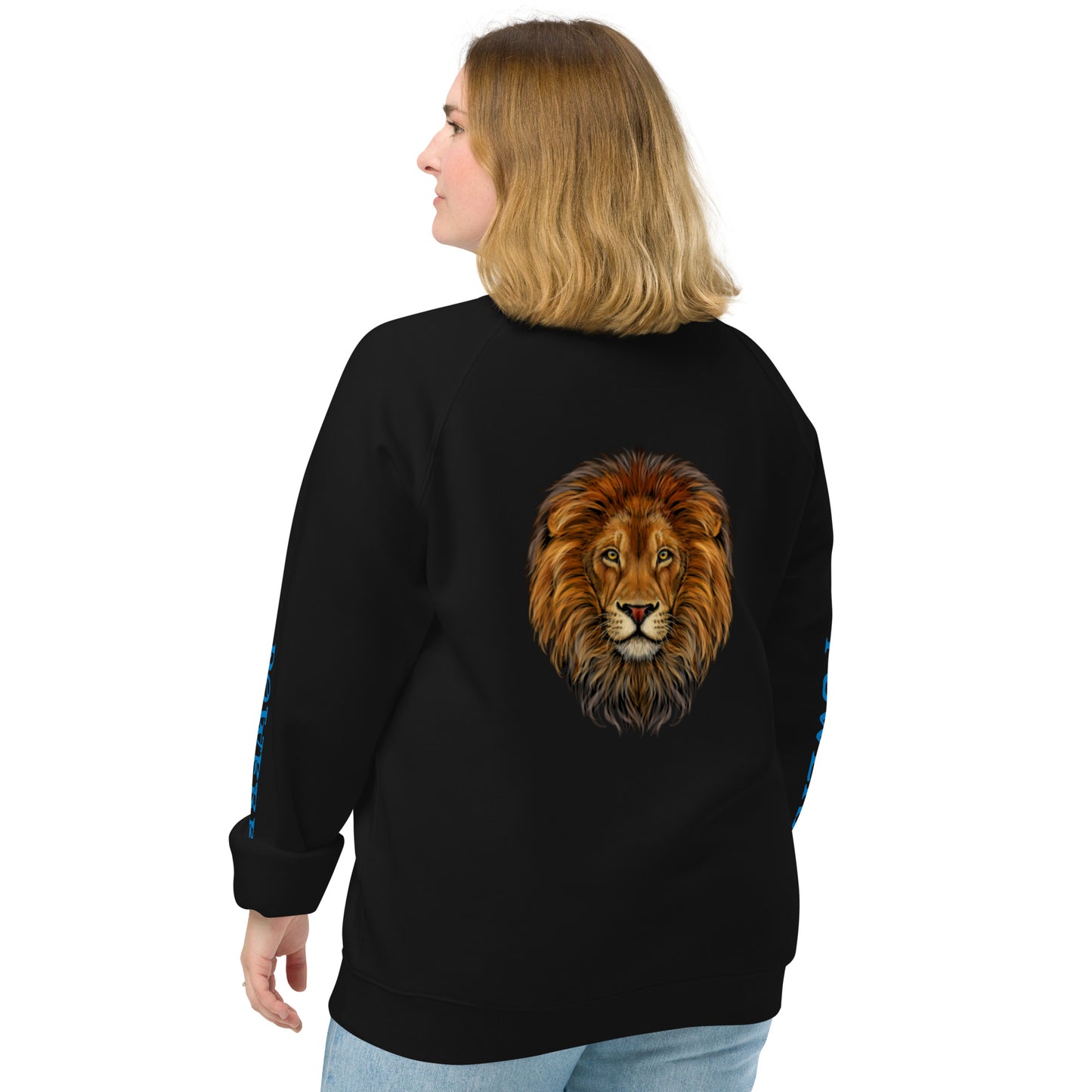 “POWERFUL!"Unisex Organic Raglan Sweatshirt W/Triple Blue Font