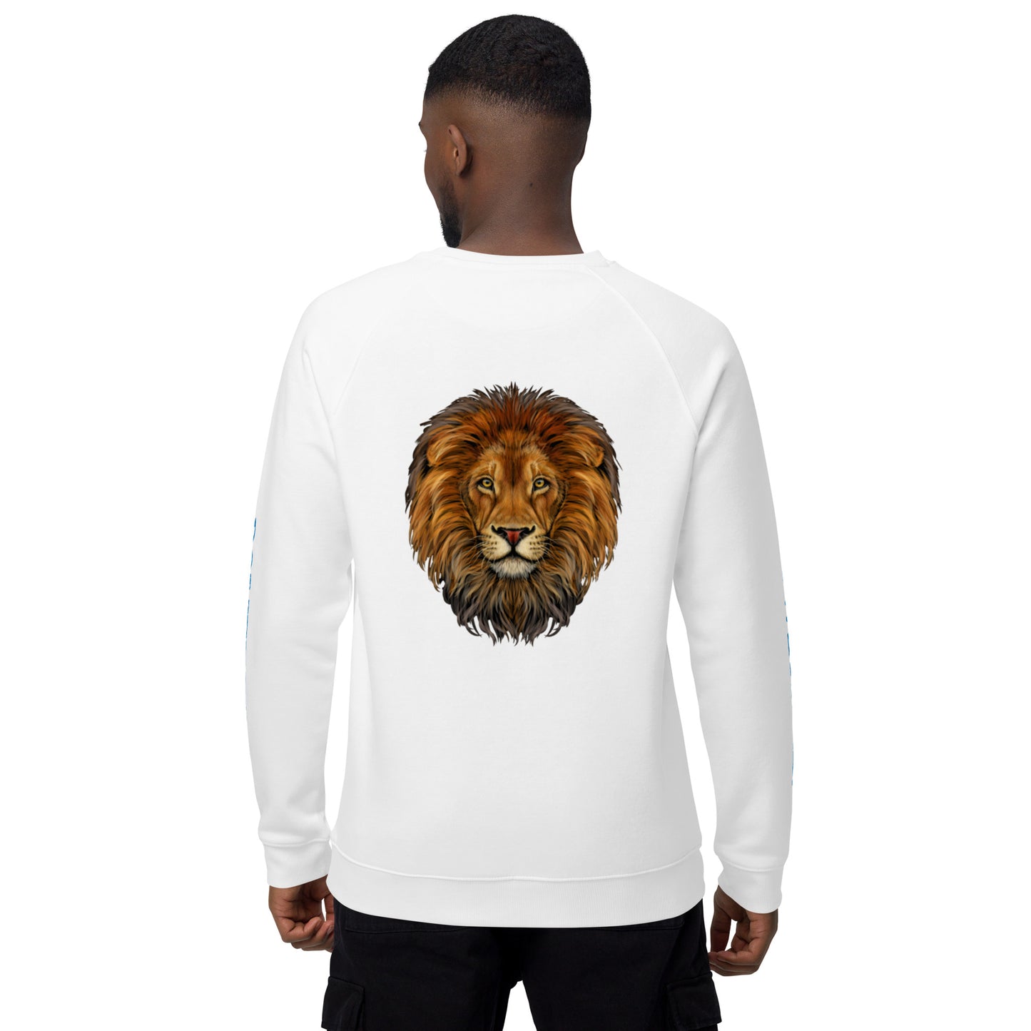 “POWERFUL!"Unisex Organic Raglan Sweatshirt W/Triple Blue Font