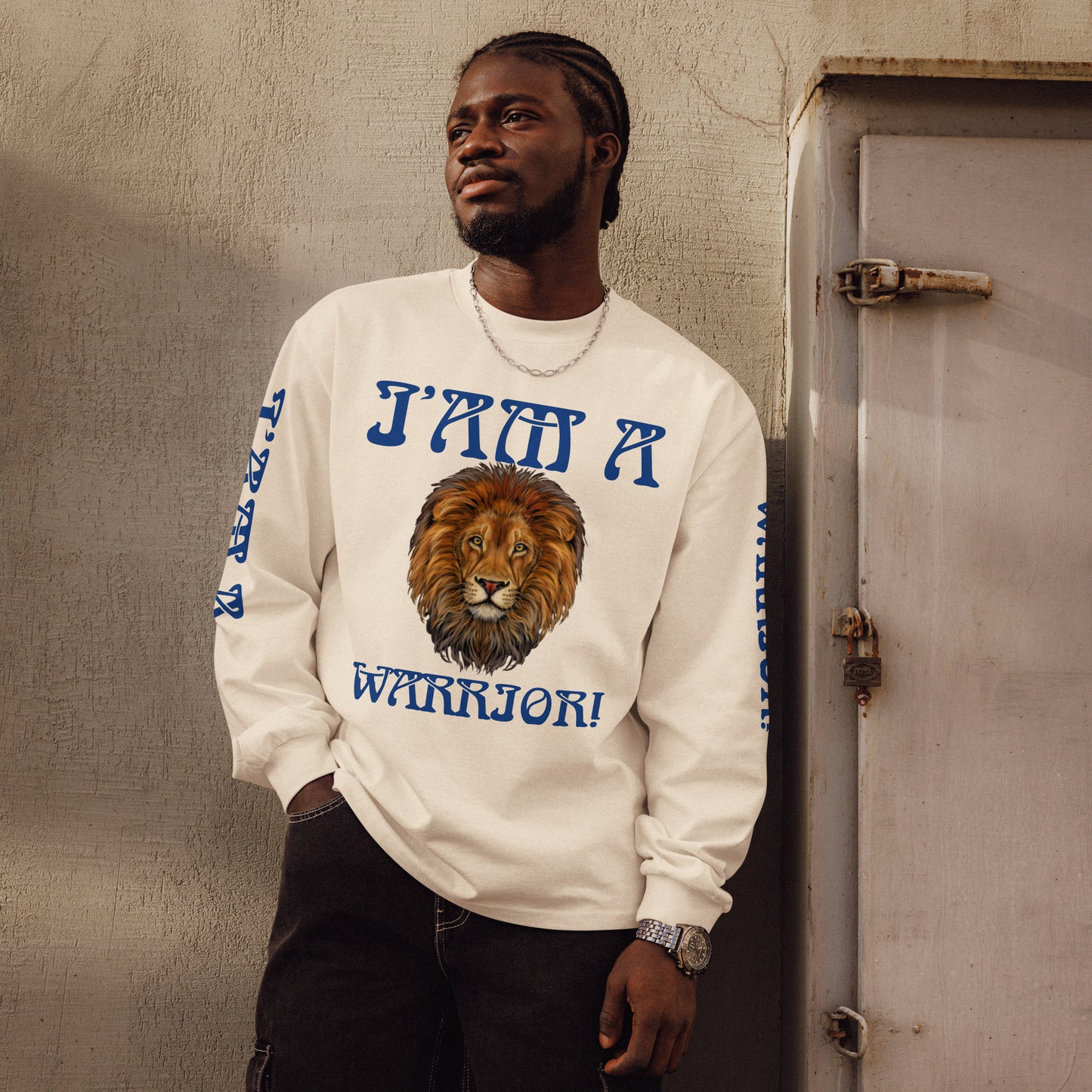 “I’AM A WARRIOR!”Premium Heavyweight Long Sleeve Shirt W/Blue Font