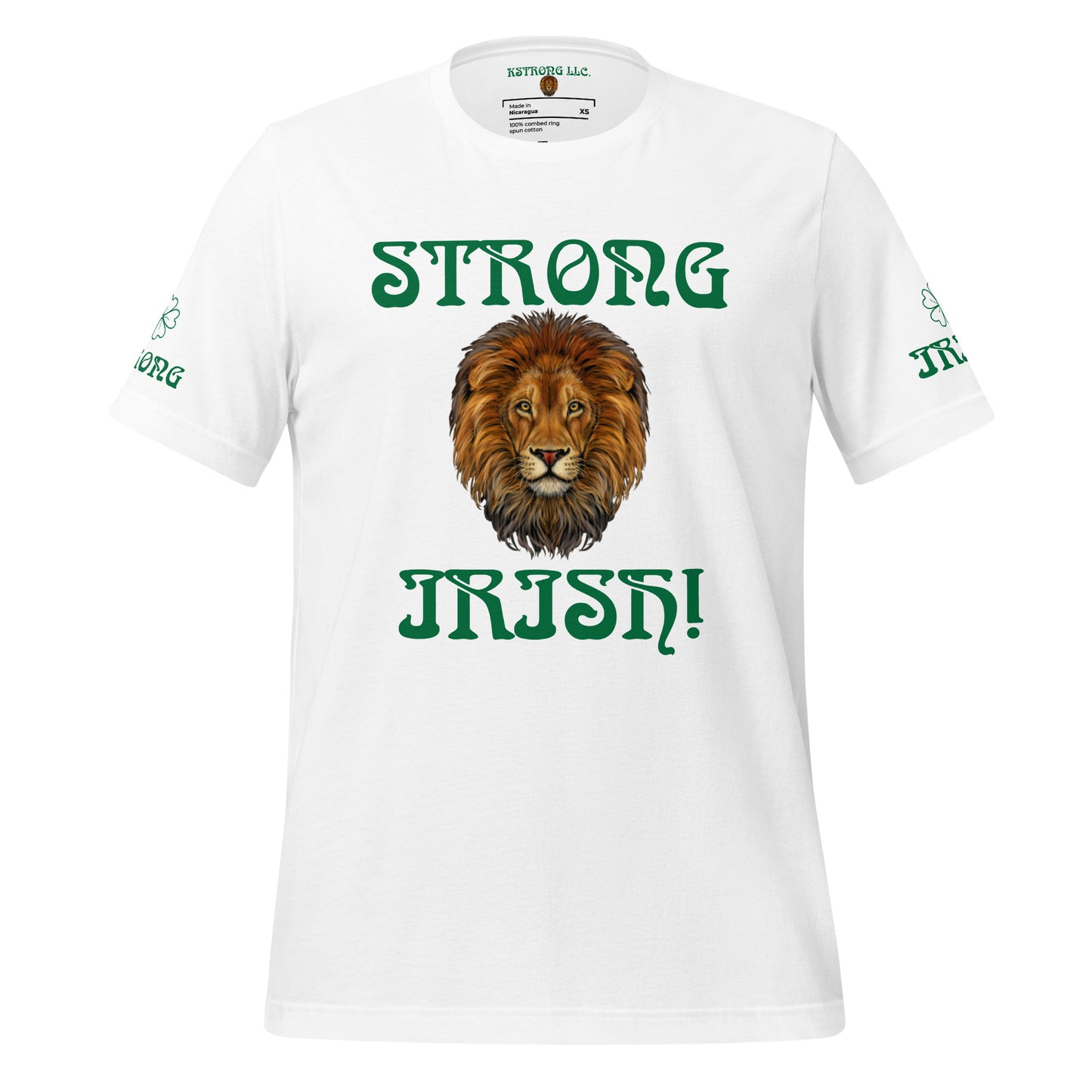 “STRONG,IRISH”White Unisex T-Shirt W/Green Font