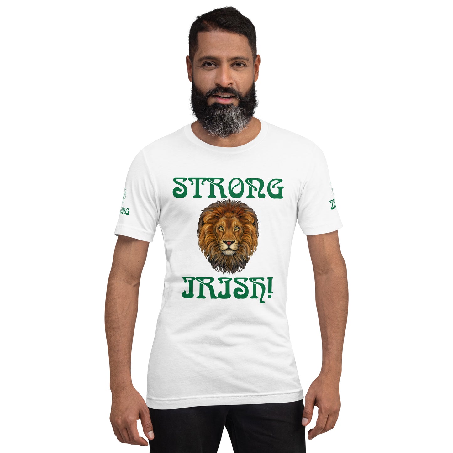 “STRONG,IRISH”White Unisex T-Shirt W/Green Font