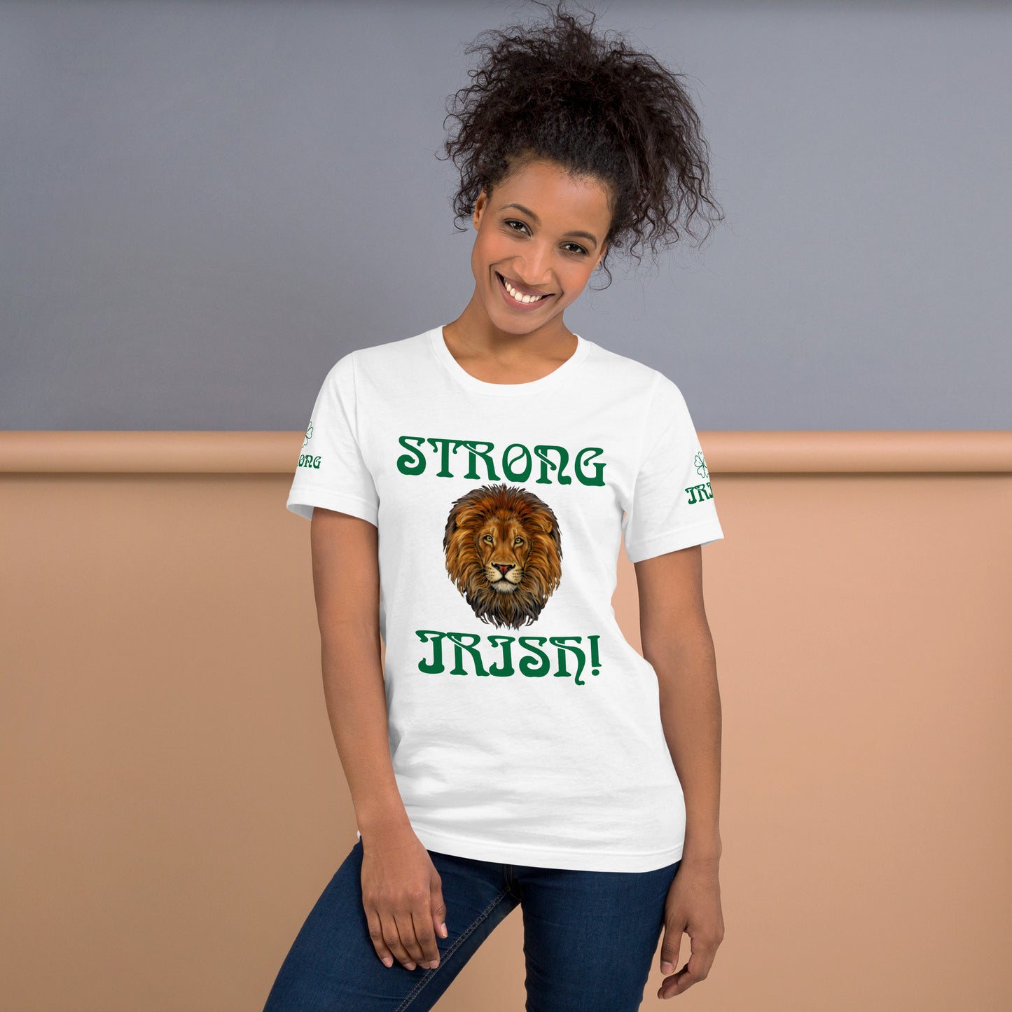 “STRONG,IRISH”White Unisex T-Shirt W/Green Font