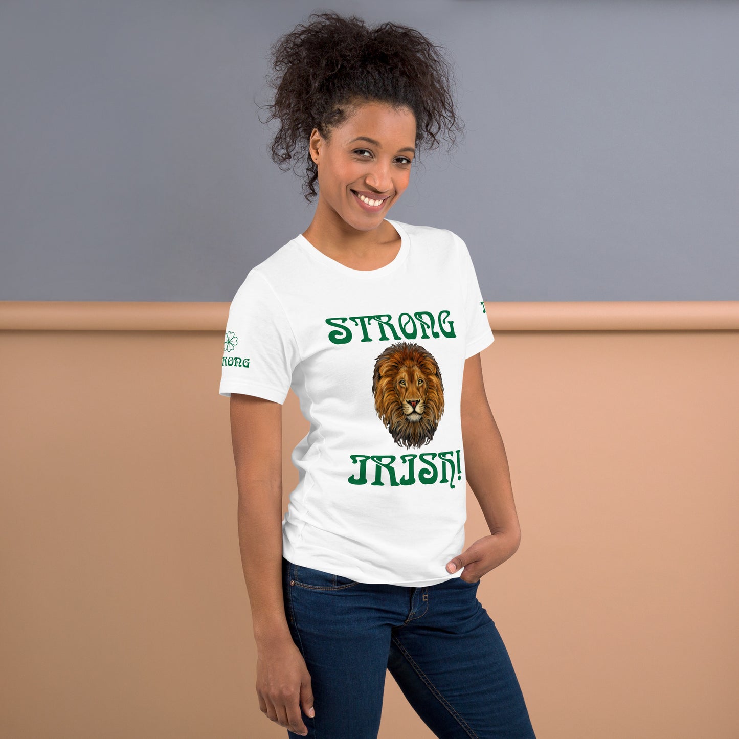 “STRONG,IRISH”White Unisex T-Shirt W/Green Font