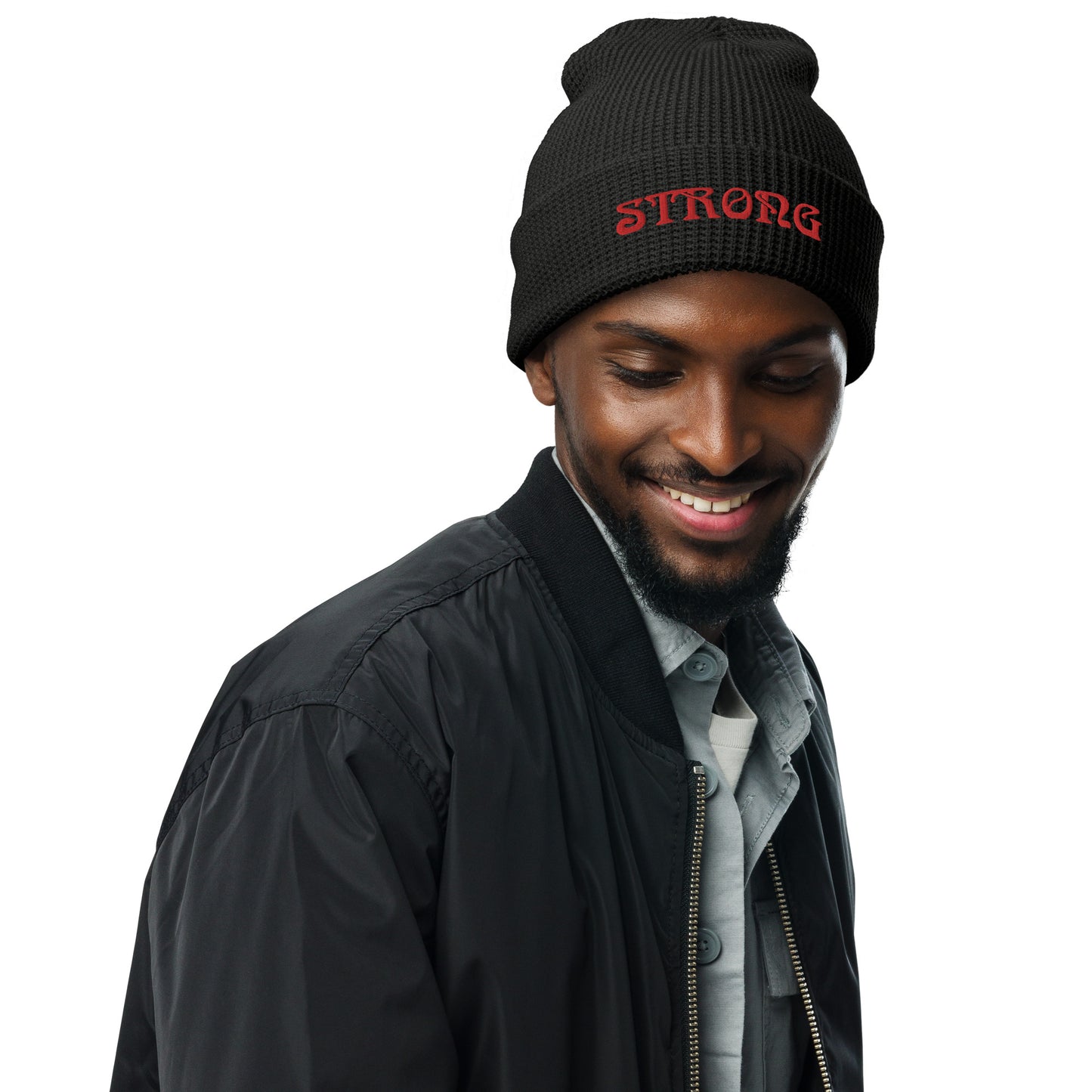 “STRONG”Waffle Beanie W/Red Font