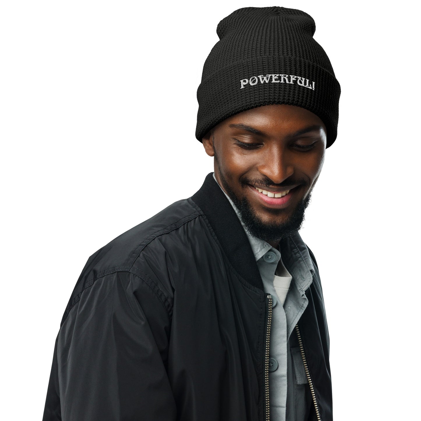 “POWERFUL!”Waffle Beanie W/White Font