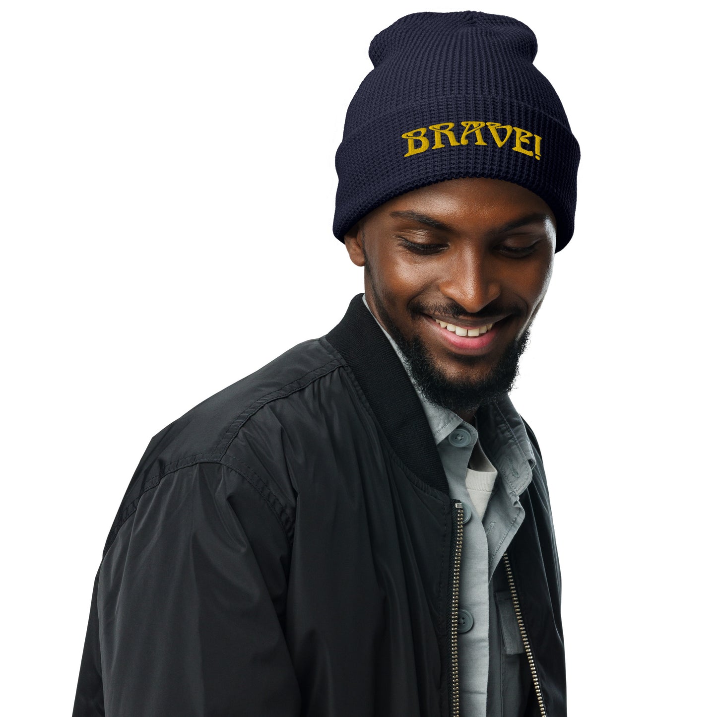 “BRAVE!”Waffle Beanie W/Yellow Font