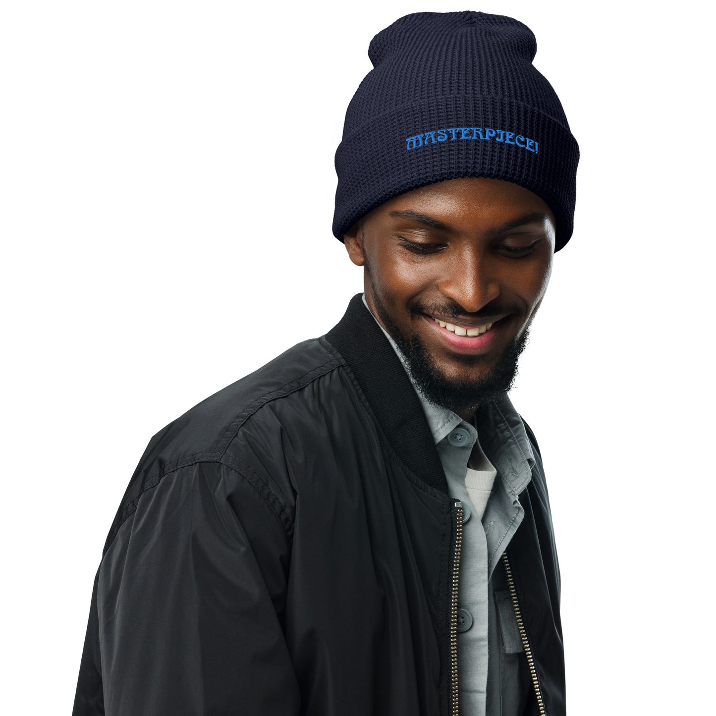 “MASTERPIECE!”Waffle Beanie W/Light Blue Font