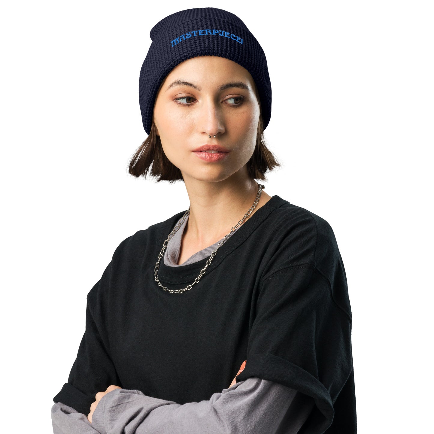 “MASTERPIECE!”Waffle Beanie W/Light Blue Font