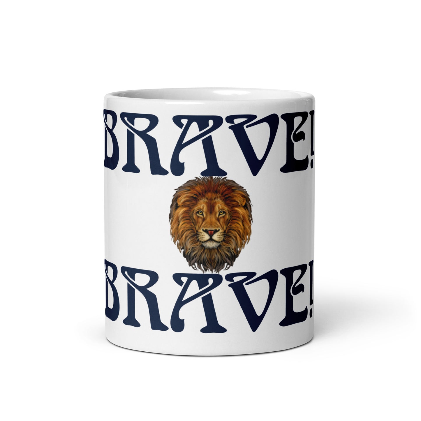 “BRAVE!”White Glossy Mug W/Navy Font