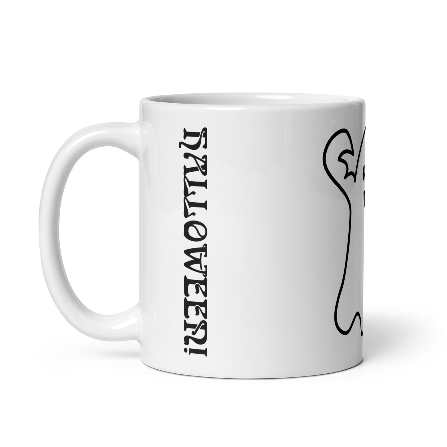 “HAPPY HALLOWEEN BLACK GHOST!White Glossy Mug W/Black Font