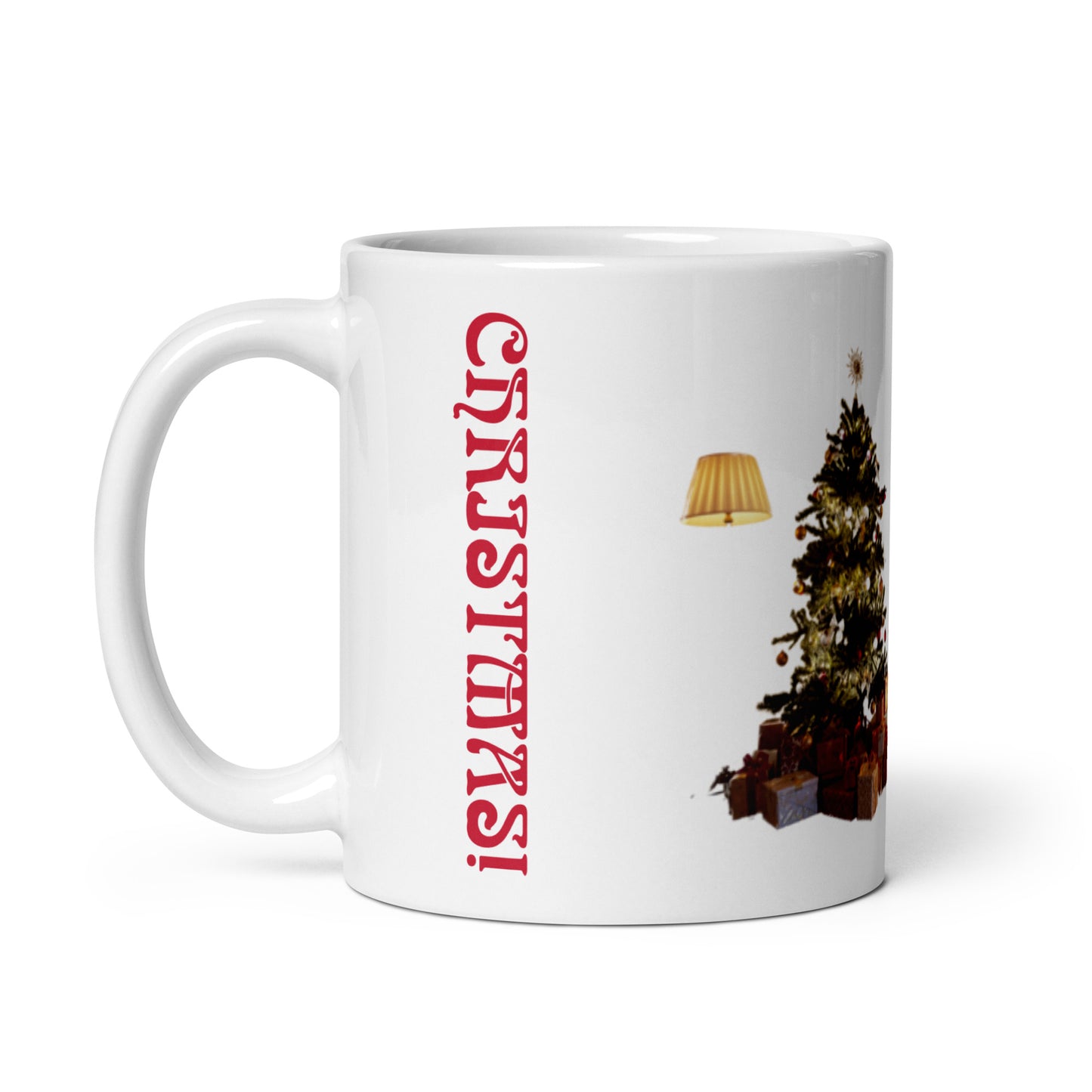 “MERRY CHRISTMAS!”White Glossy Mug W/Christmas Tree/Red Font