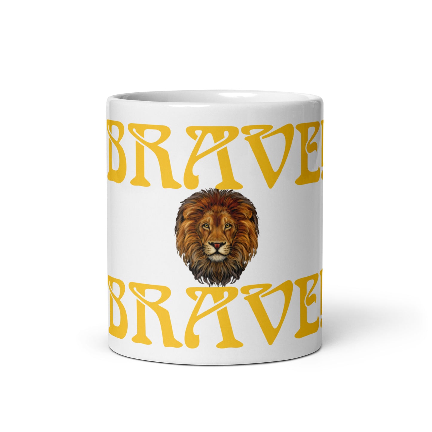 “BRAVE”White Glossy Mug W/Yellow Font