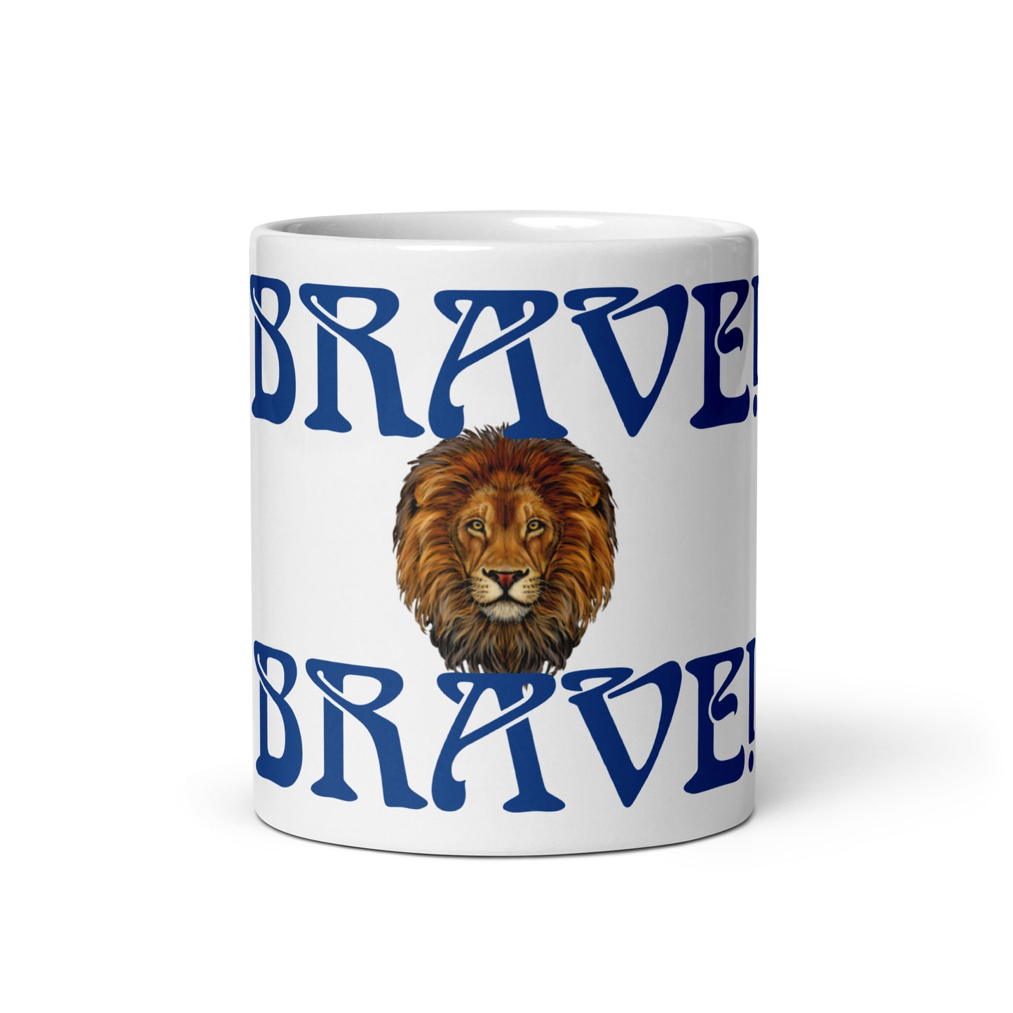 “BRAVE”White Glossy Mug W/Blue Font