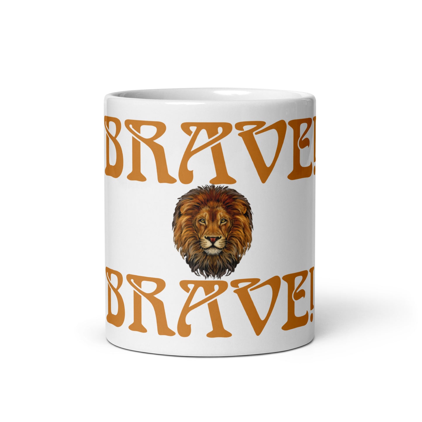 “BRAVE”White Glossy Mug W/Bronze Font