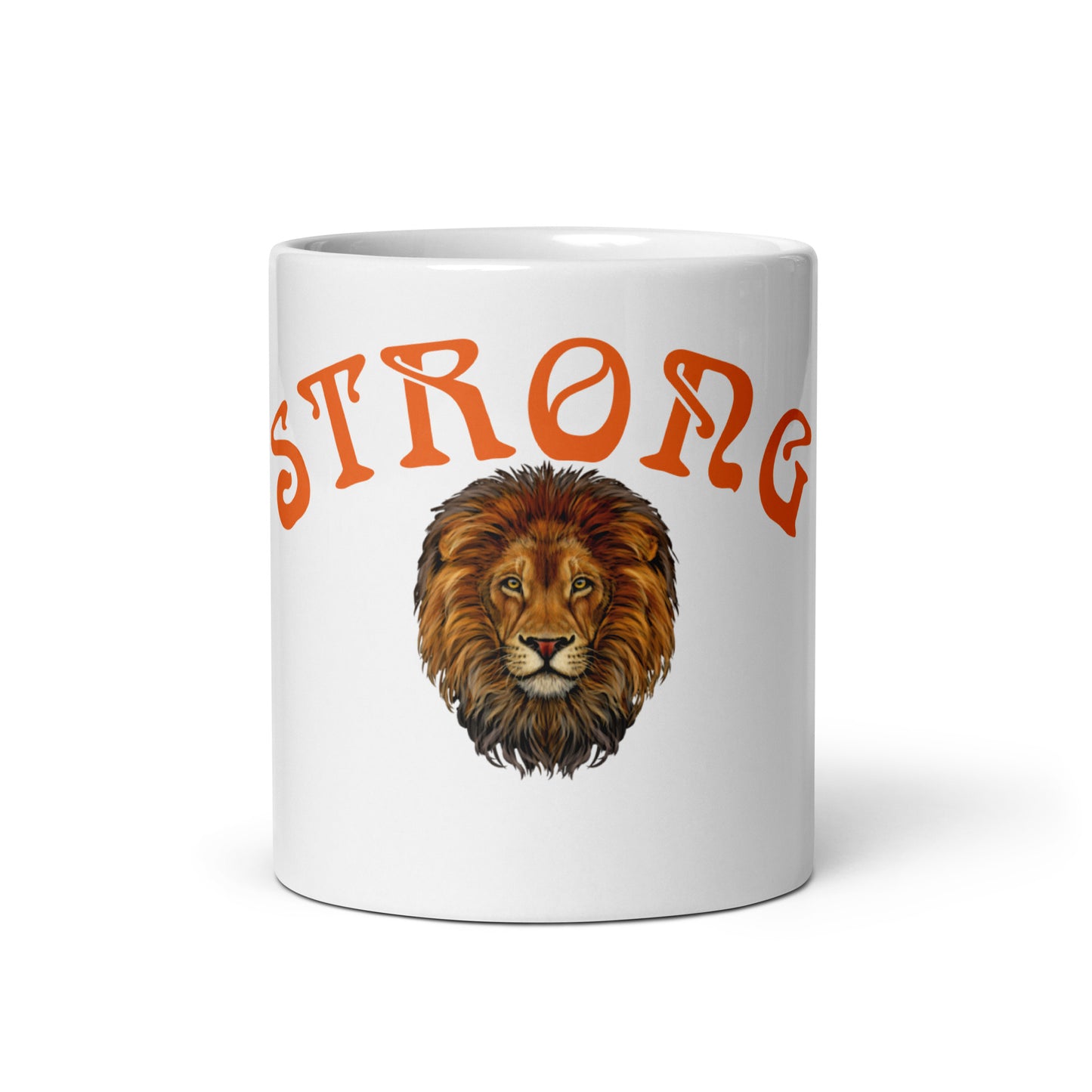 “STRONG”White Glossy Mug W/Arch Orange Font