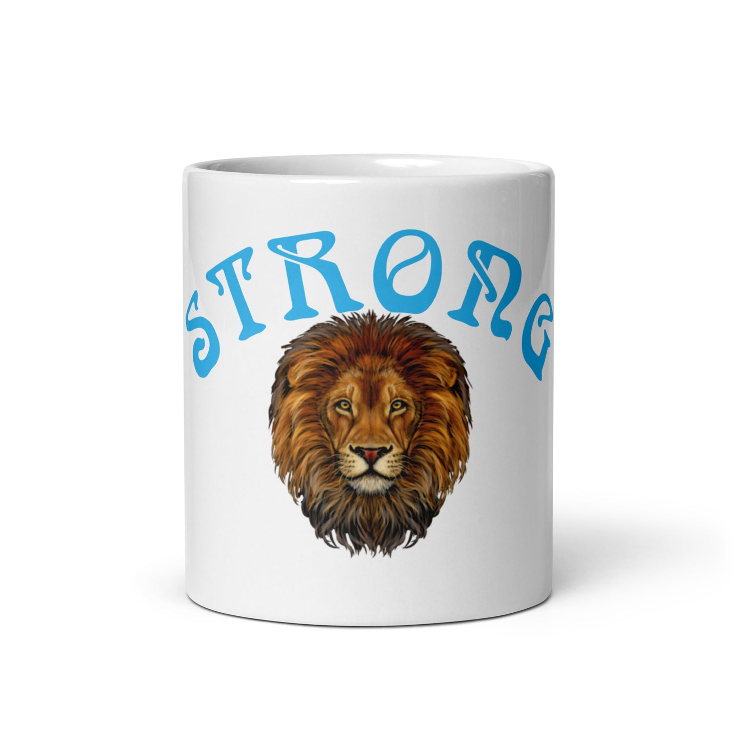 “STRONG”White Glossy Mug W/Arch SkyBlue Font