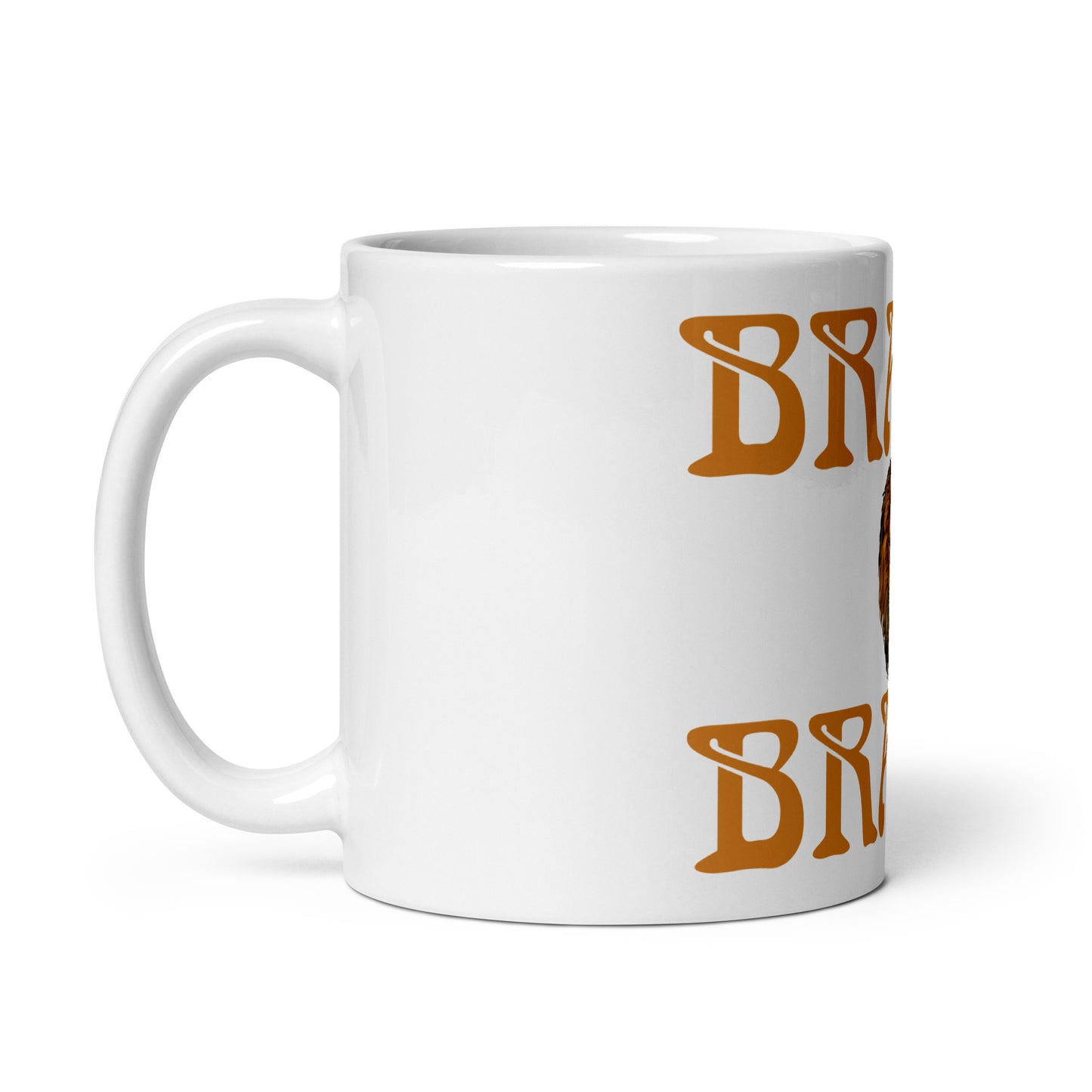 “BRAVE”White Glossy Mug W/Bronze Font