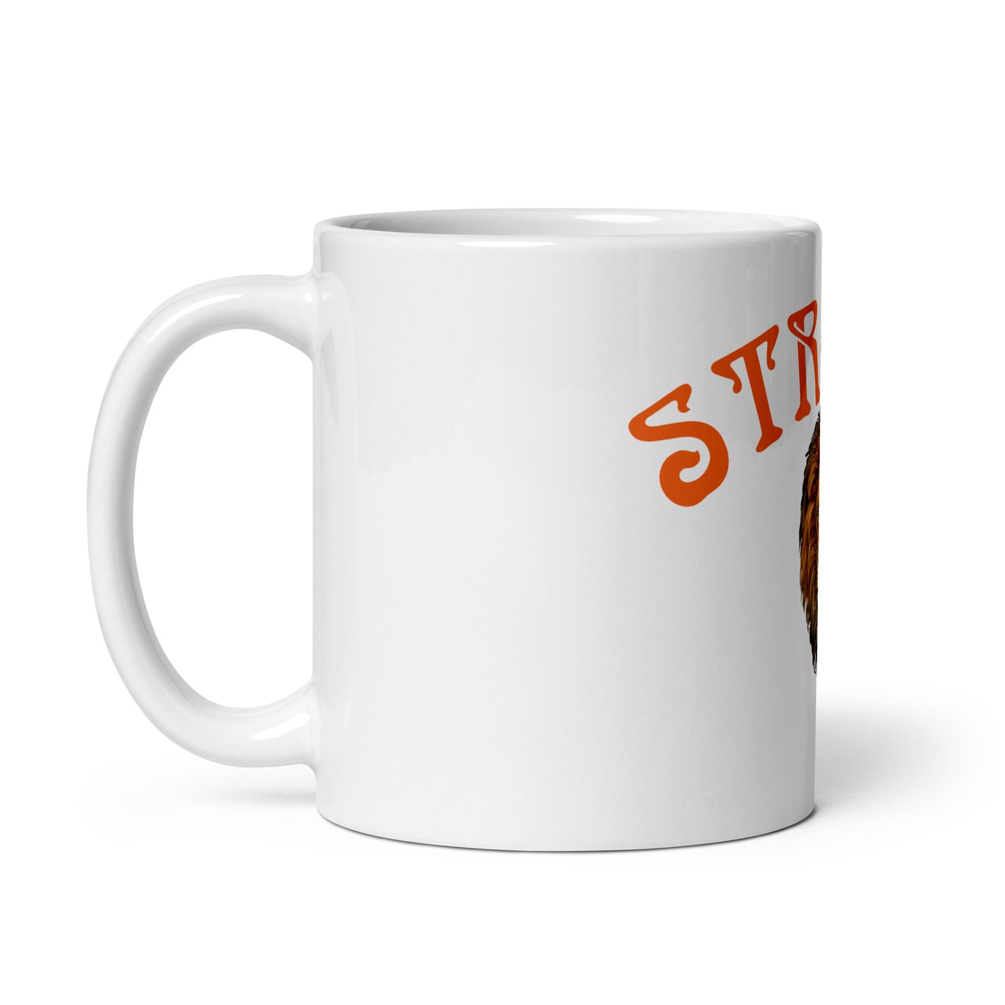 “STRONG”White Glossy Mug W/Arch Orange Font
