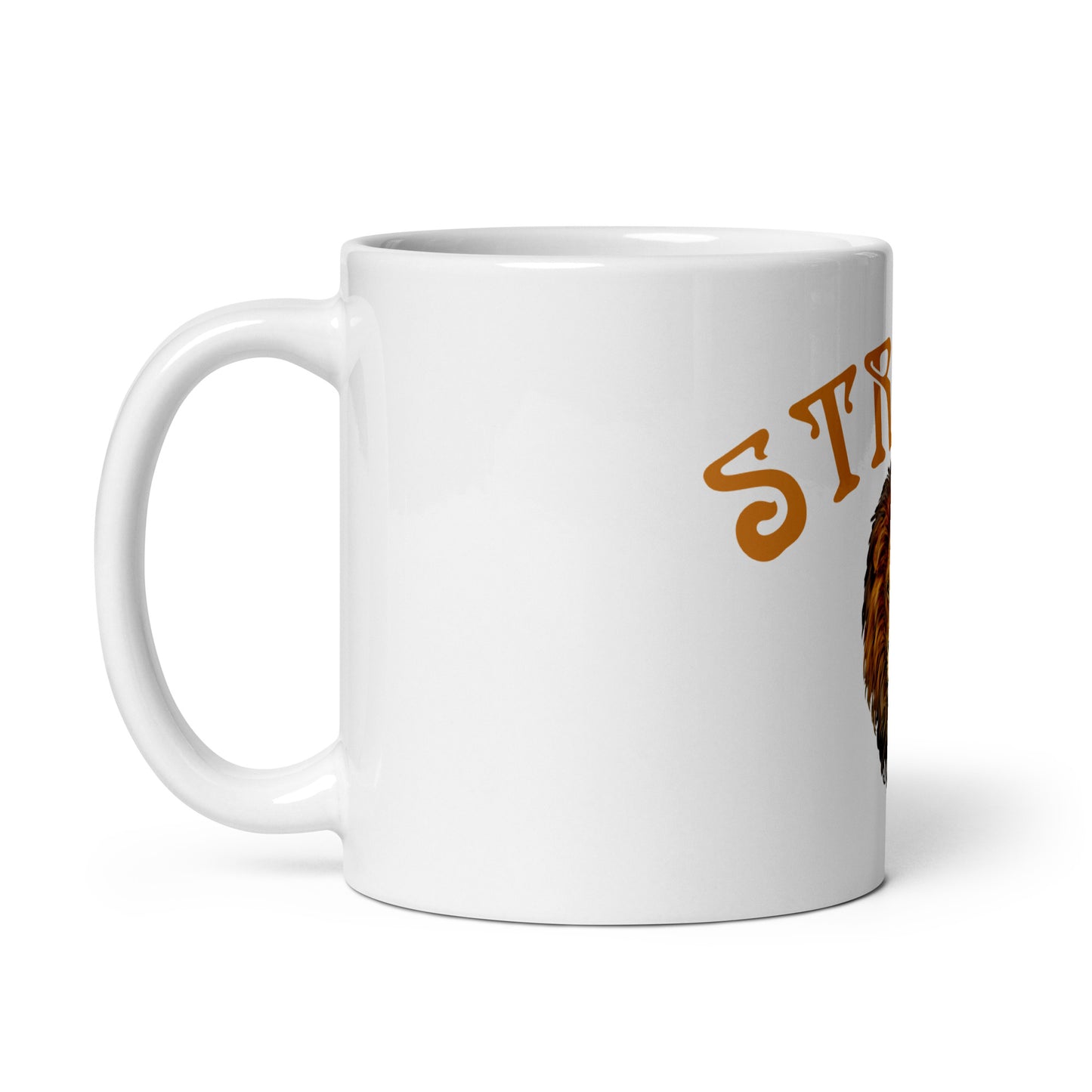“STRONG”White Glossy Mug W/Arch Bronze Font