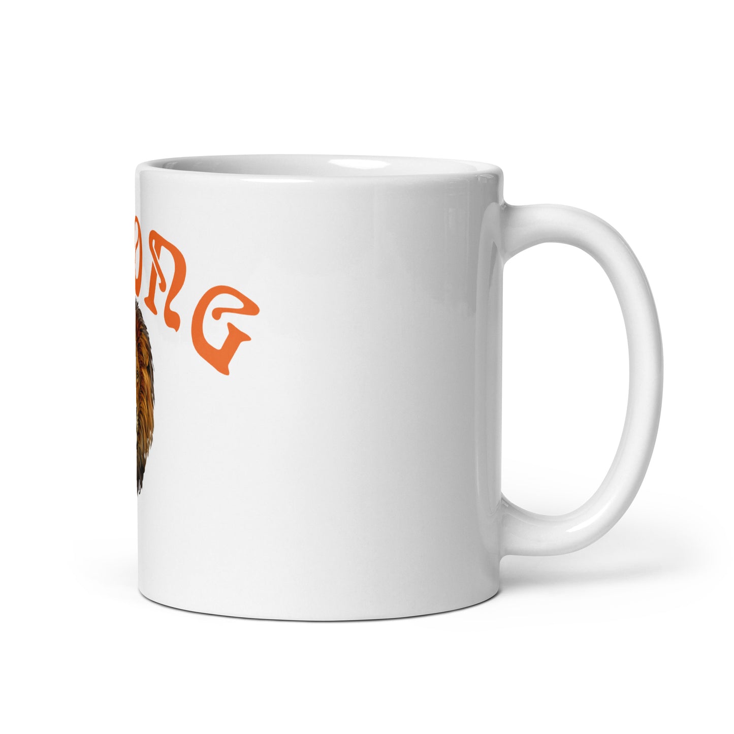 “STRONG”White Glossy Mug W/Arch Orange Font