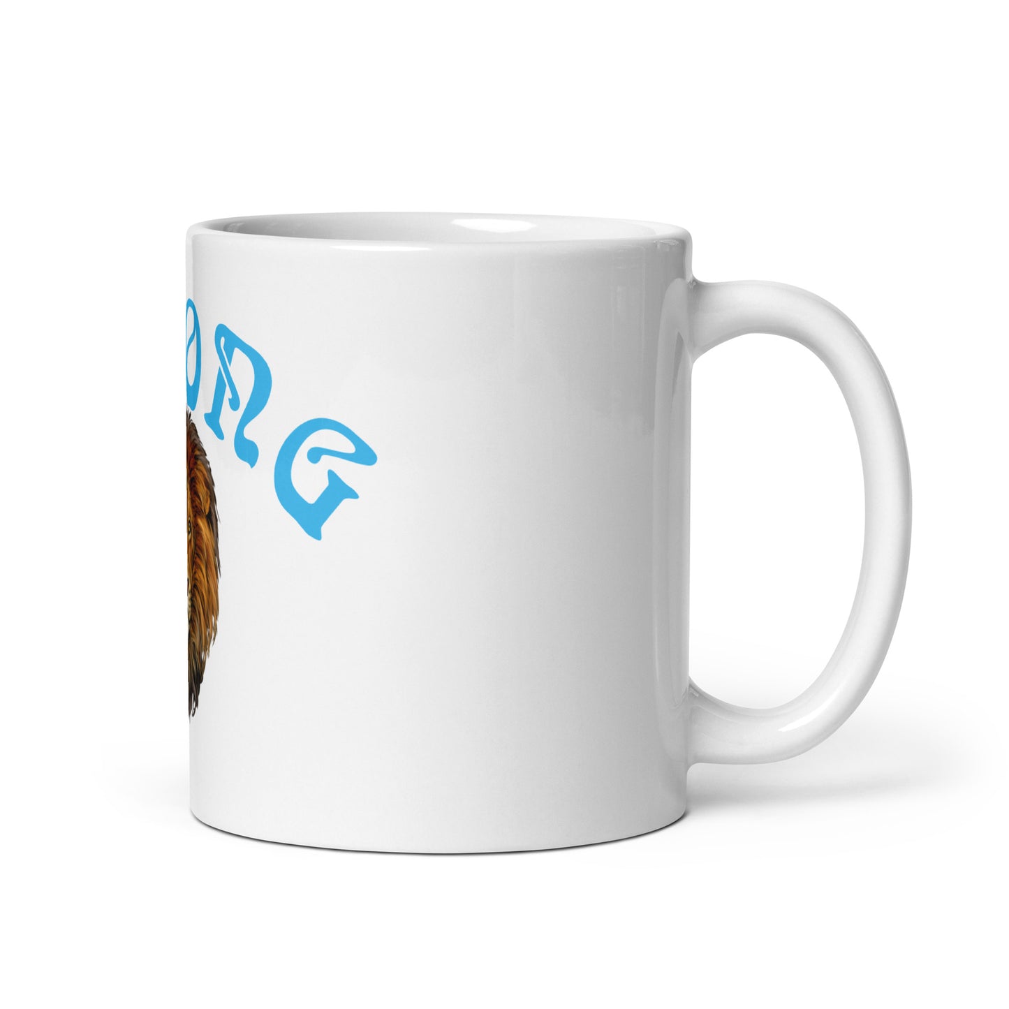 “STRONG”White Glossy Mug W/Arch SkyBlue Font