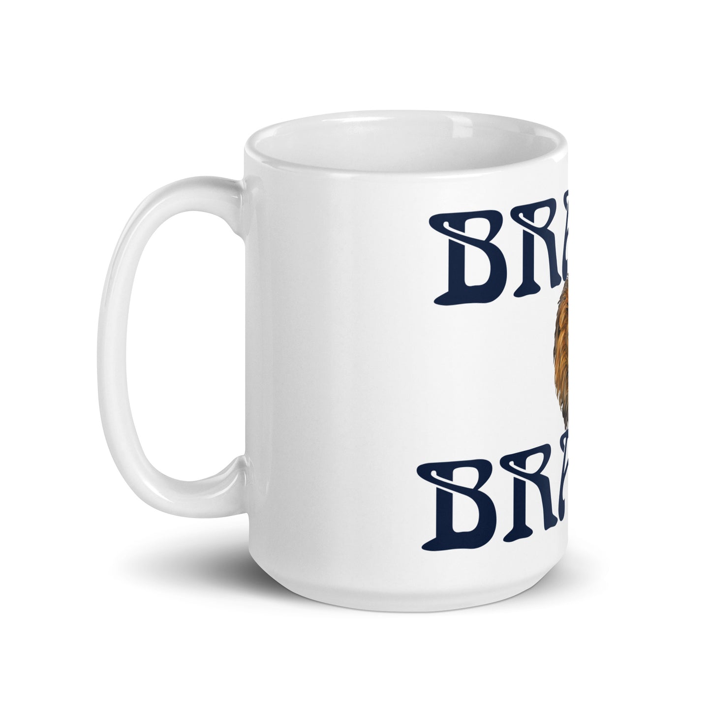 “BRAVE!”White Glossy Mug W/Navy Font