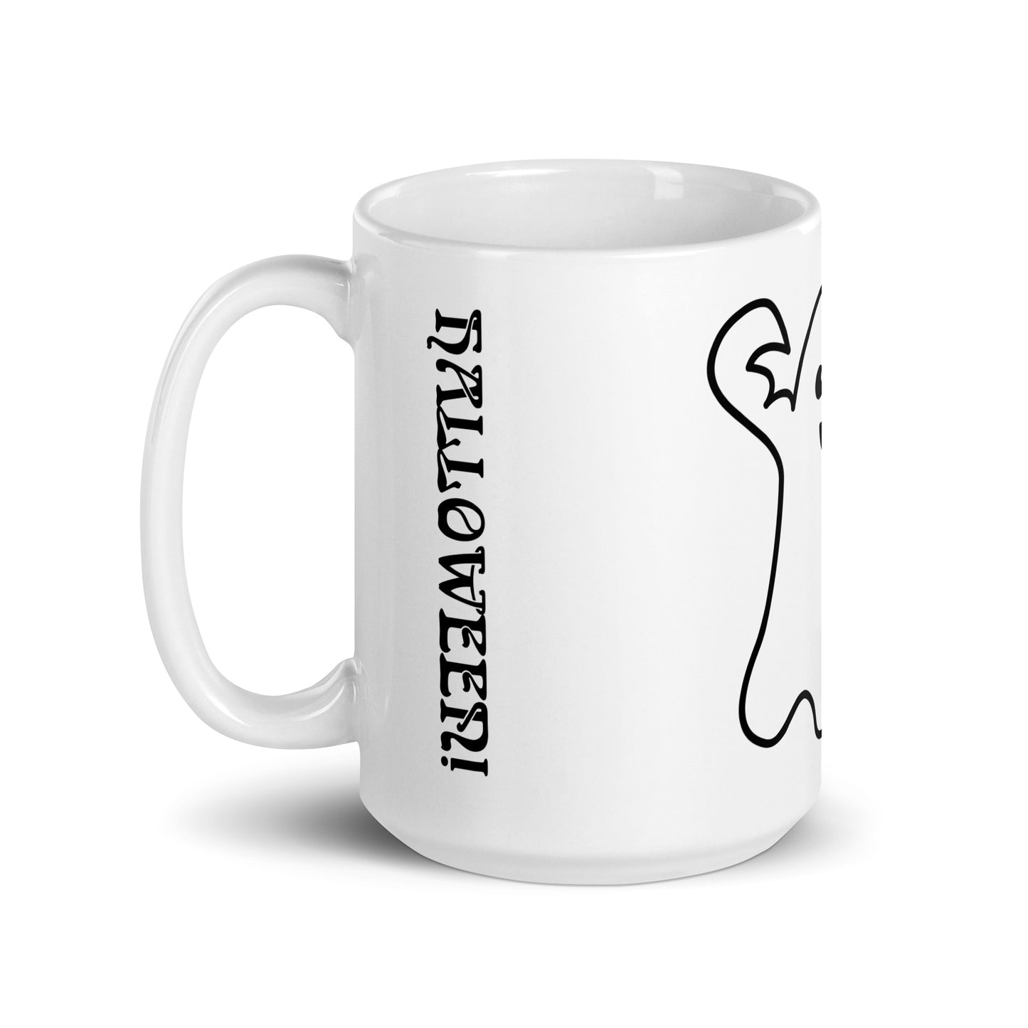 “HAPPY HALLOWEEN BLACK GHOST!White Glossy Mug W/Black Font