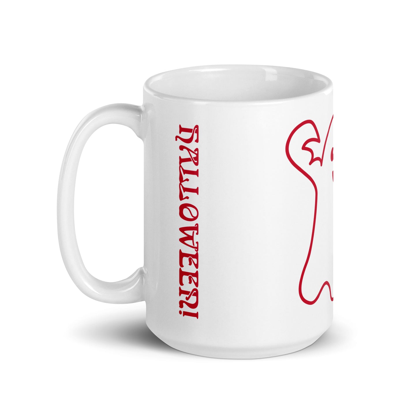“HAPPY HALLOWEEN RED GHOST!”White Glossy Mug W/Red Font