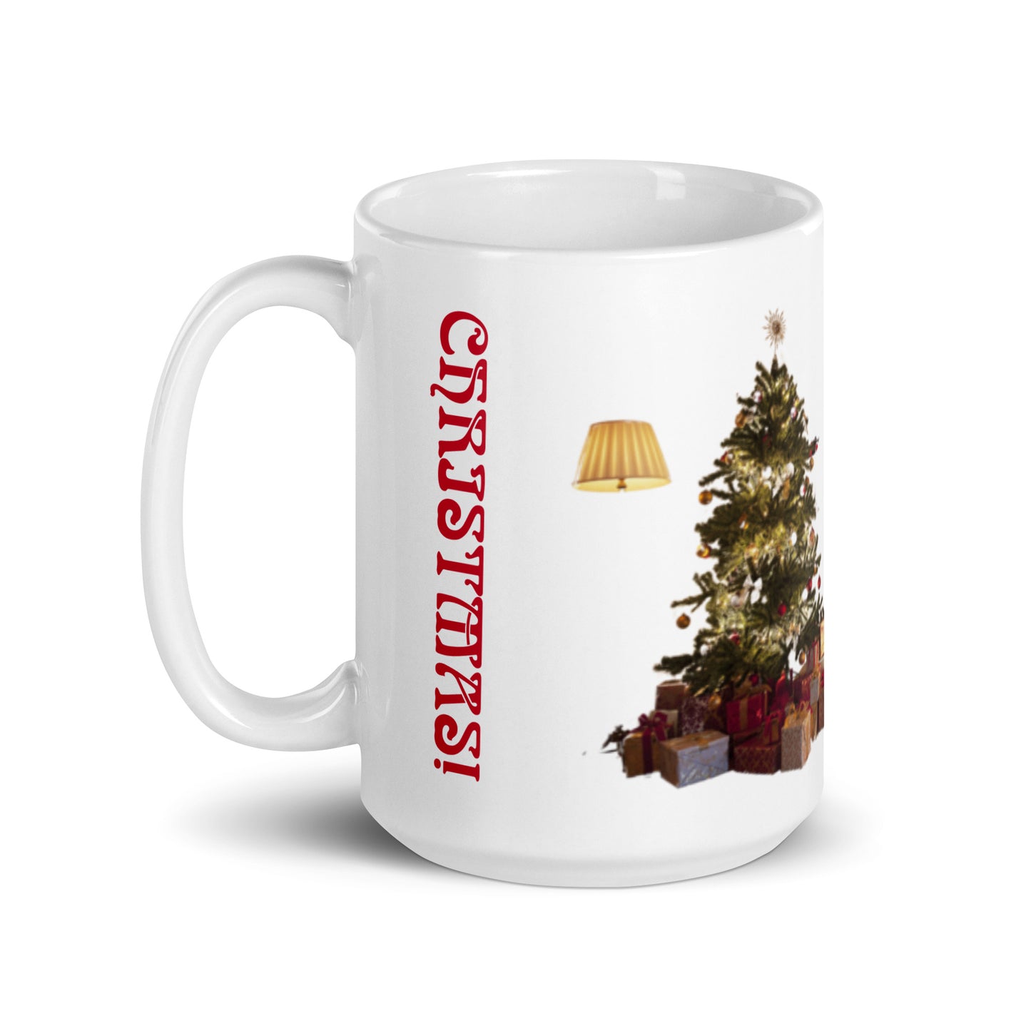 “MERRY CHRISTMAS!”White Glossy Mug W/Christmas Tree/Red Font
