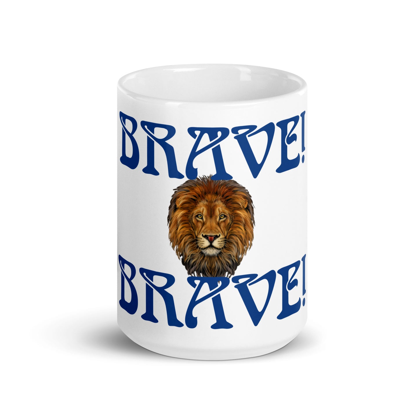 “BRAVE”White Glossy Mug W/Blue Font
