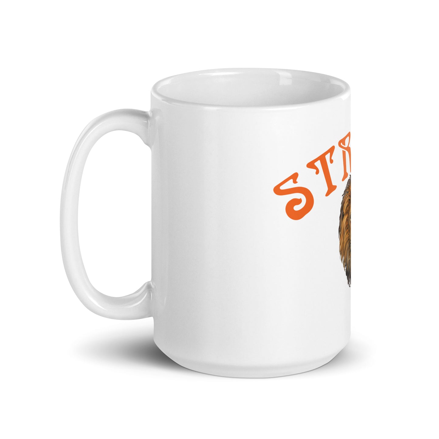 “STRONG”White Glossy Mug W/Arch Orange Font