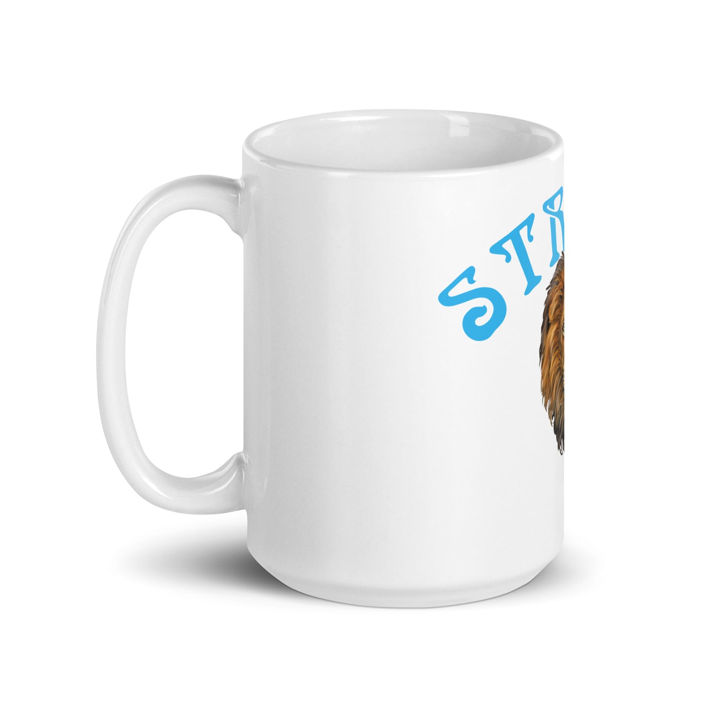 “STRONG”White Glossy Mug W/Arch SkyBlue Font