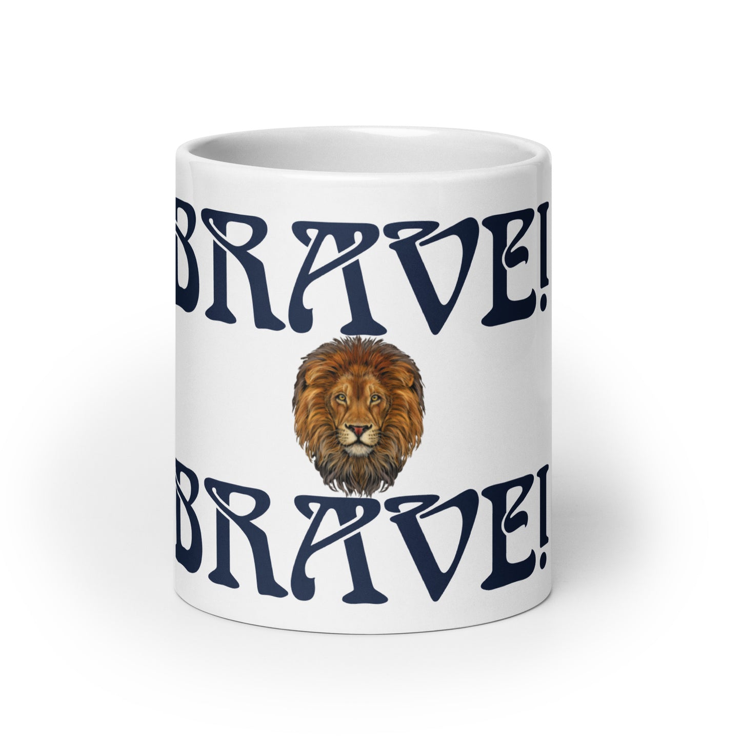 “BRAVE!”White Glossy Mug W/Navy Font