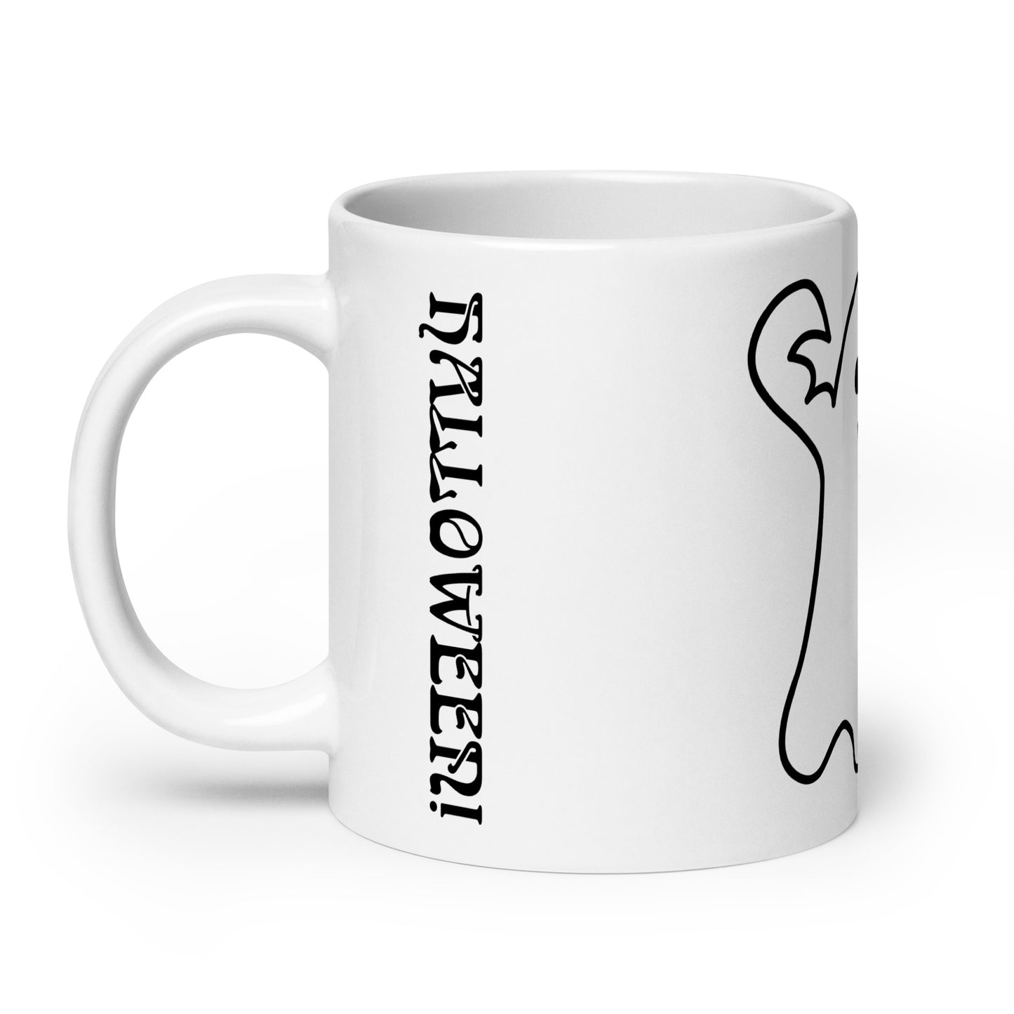 “HAPPY HALLOWEEN BLACK GHOST!White Glossy Mug W/Black Font