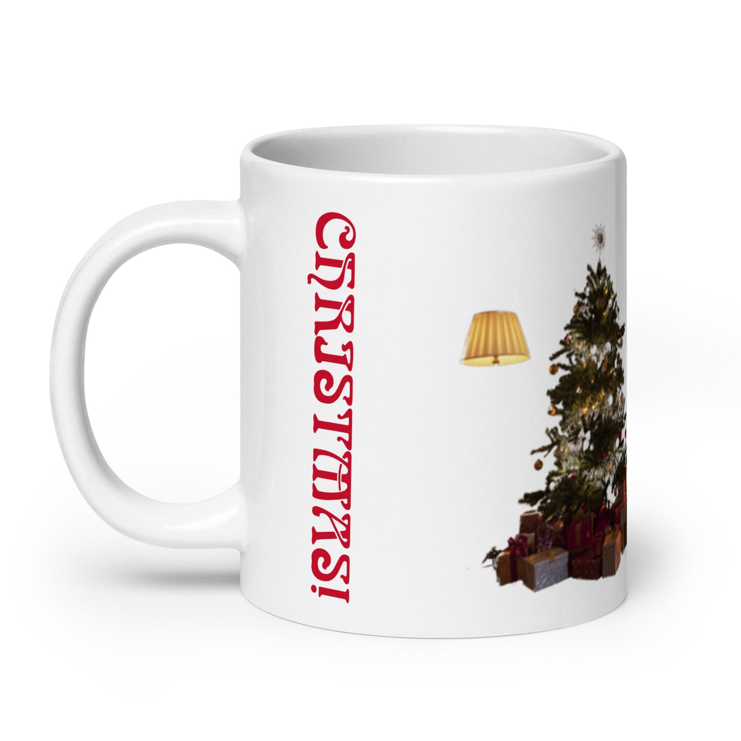“MERRY CHRISTMAS!”White Glossy Mug W/Christmas Tree/Red Font
