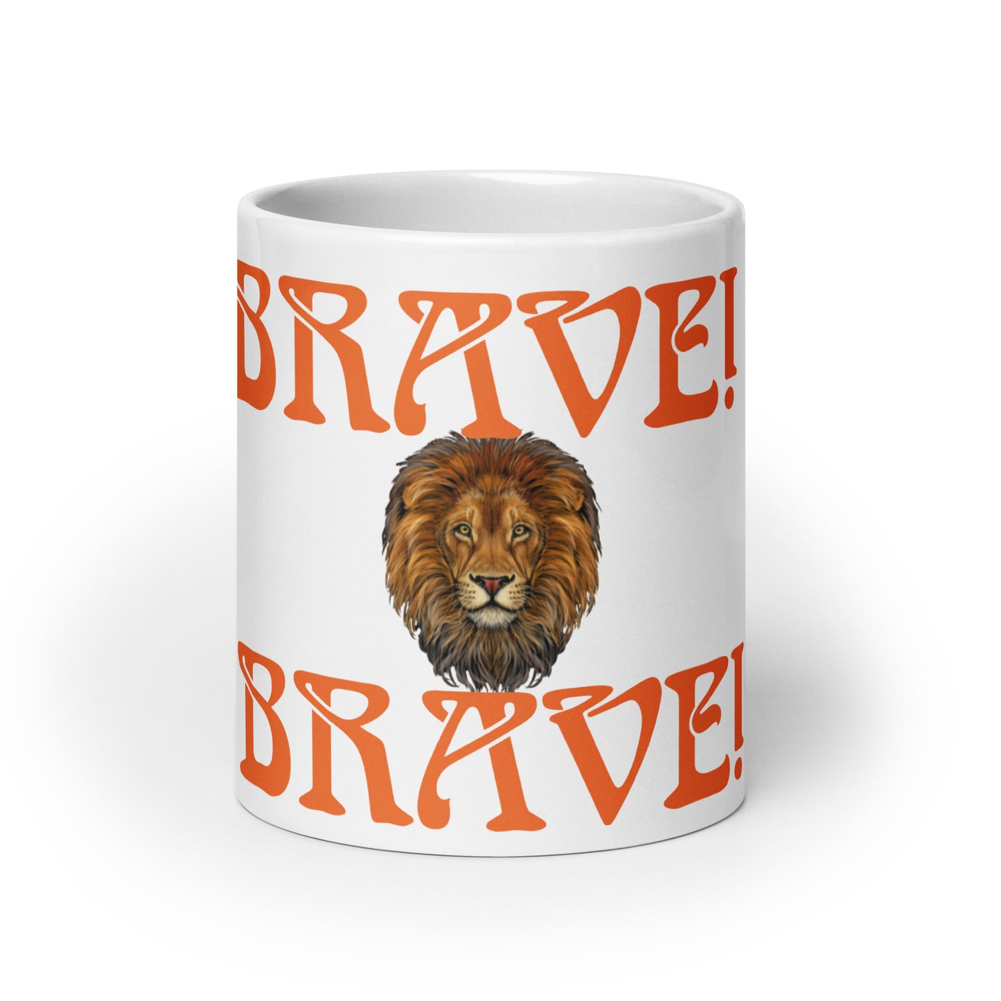 “BRAVE”White Glossy Mug W/Orange Font