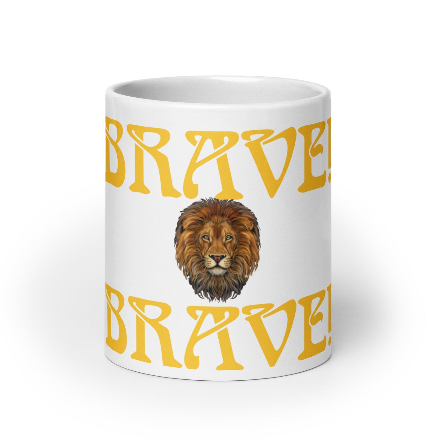 “BRAVE”White Glossy Mug W/Yellow Font