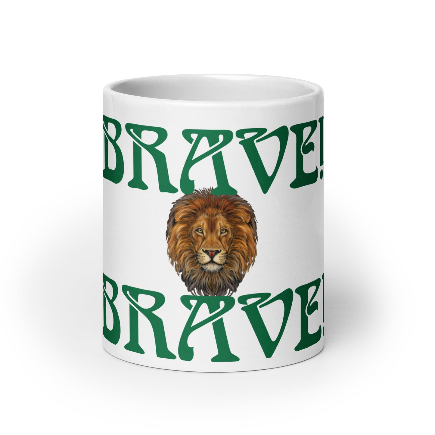 “BRAVE”White Glossy Mug W/Green Font