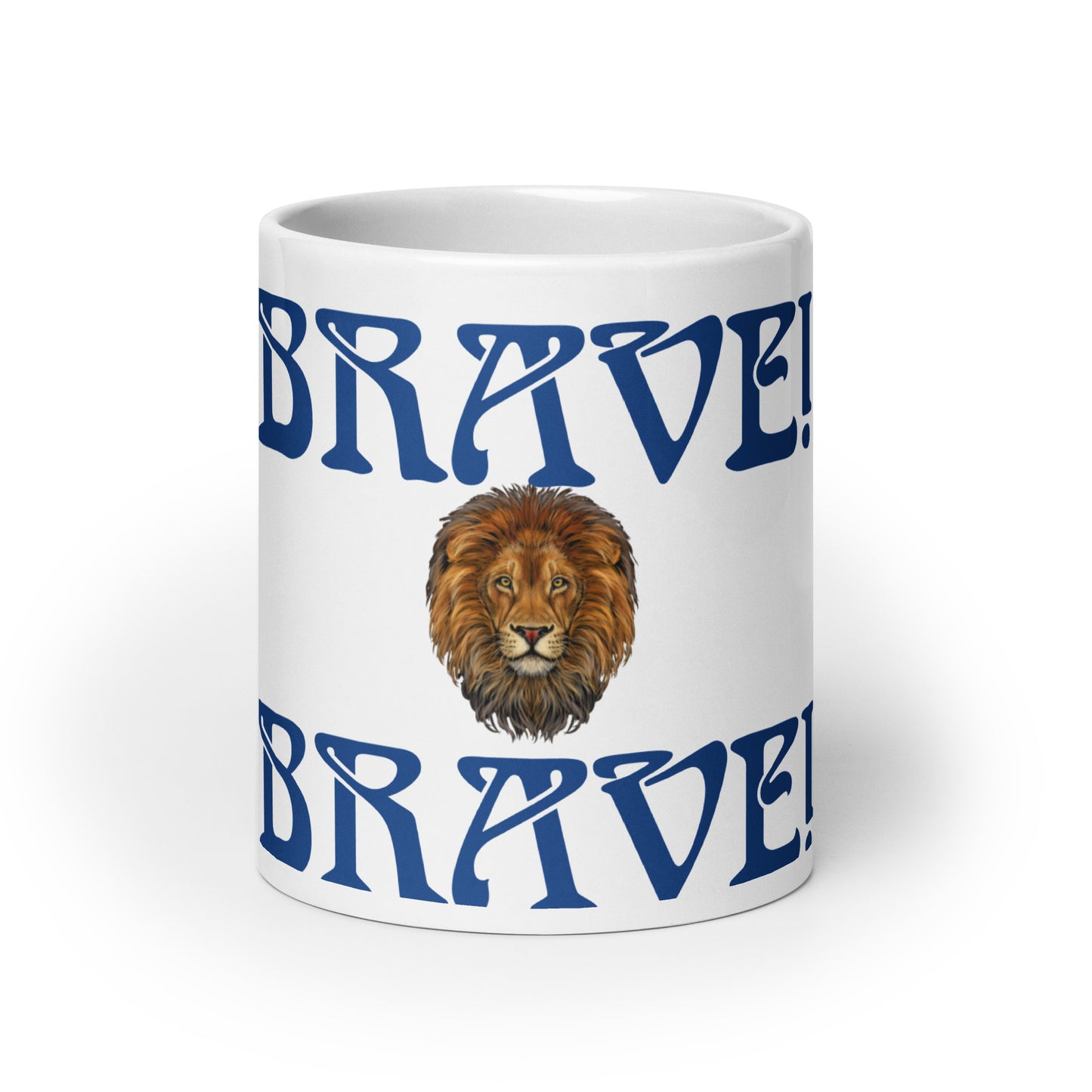 “BRAVE”White Glossy Mug W/Blue Font