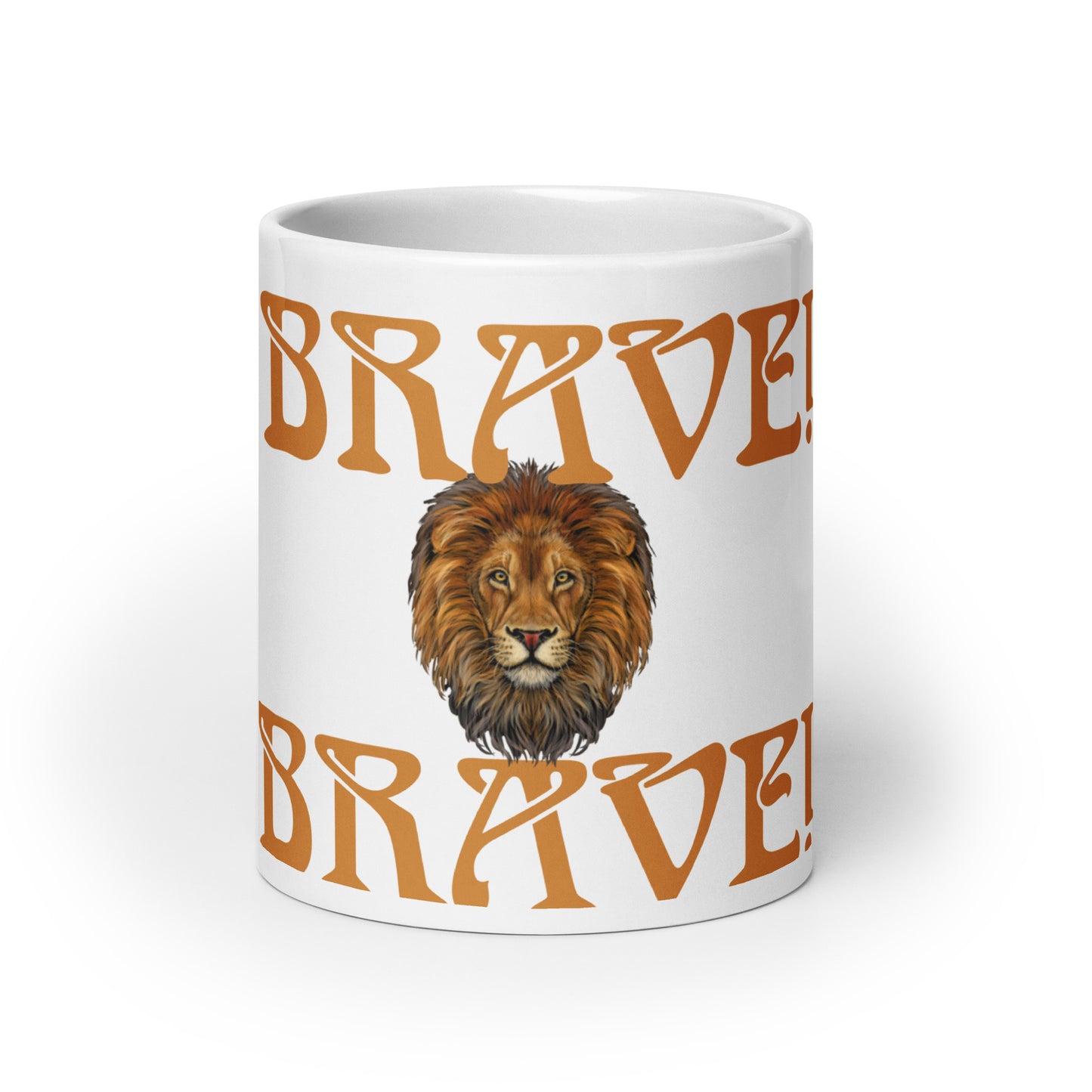 “BRAVE”White Glossy Mug W/Bronze Font