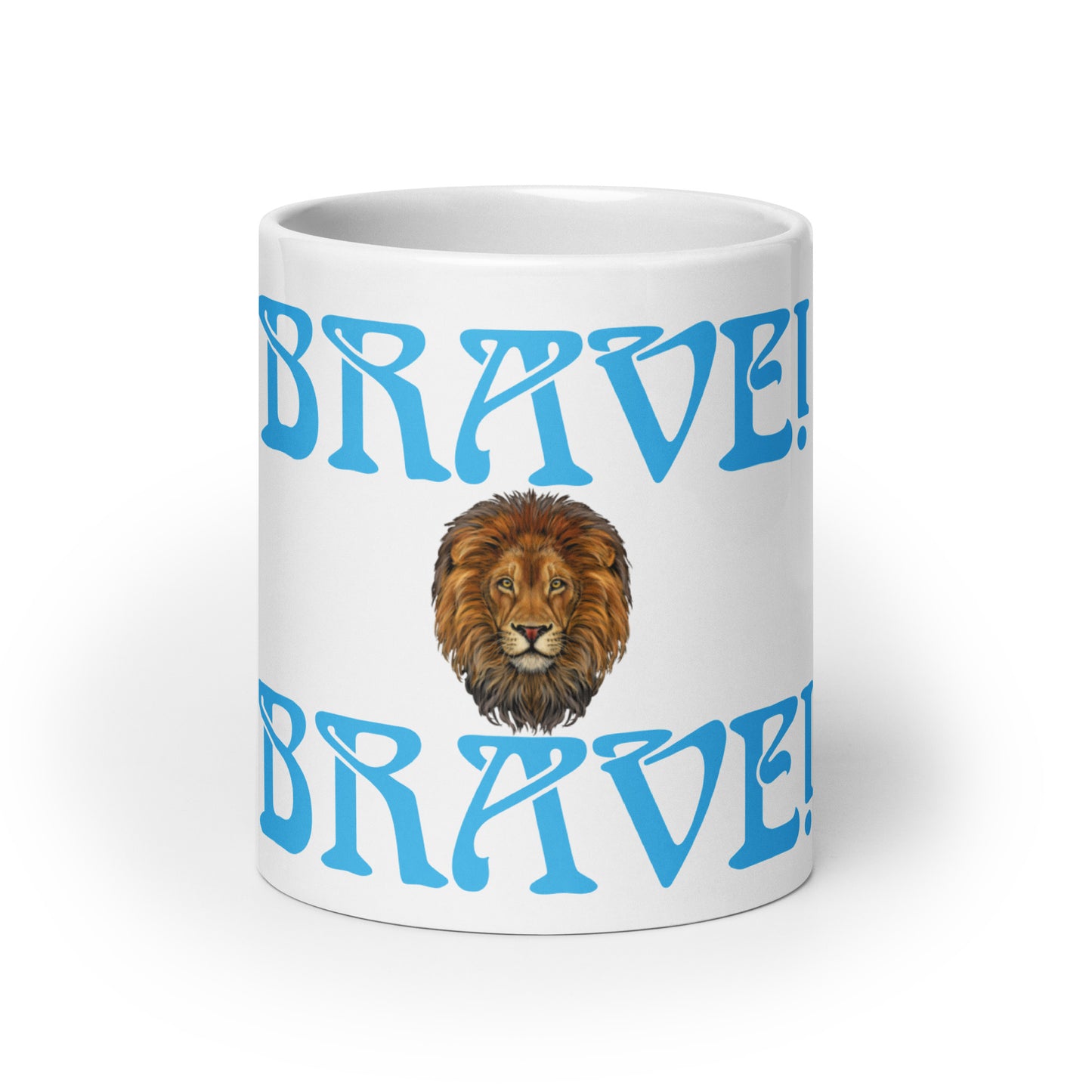 “BRAVE”White Glossy Mug W/SkyBlue Font